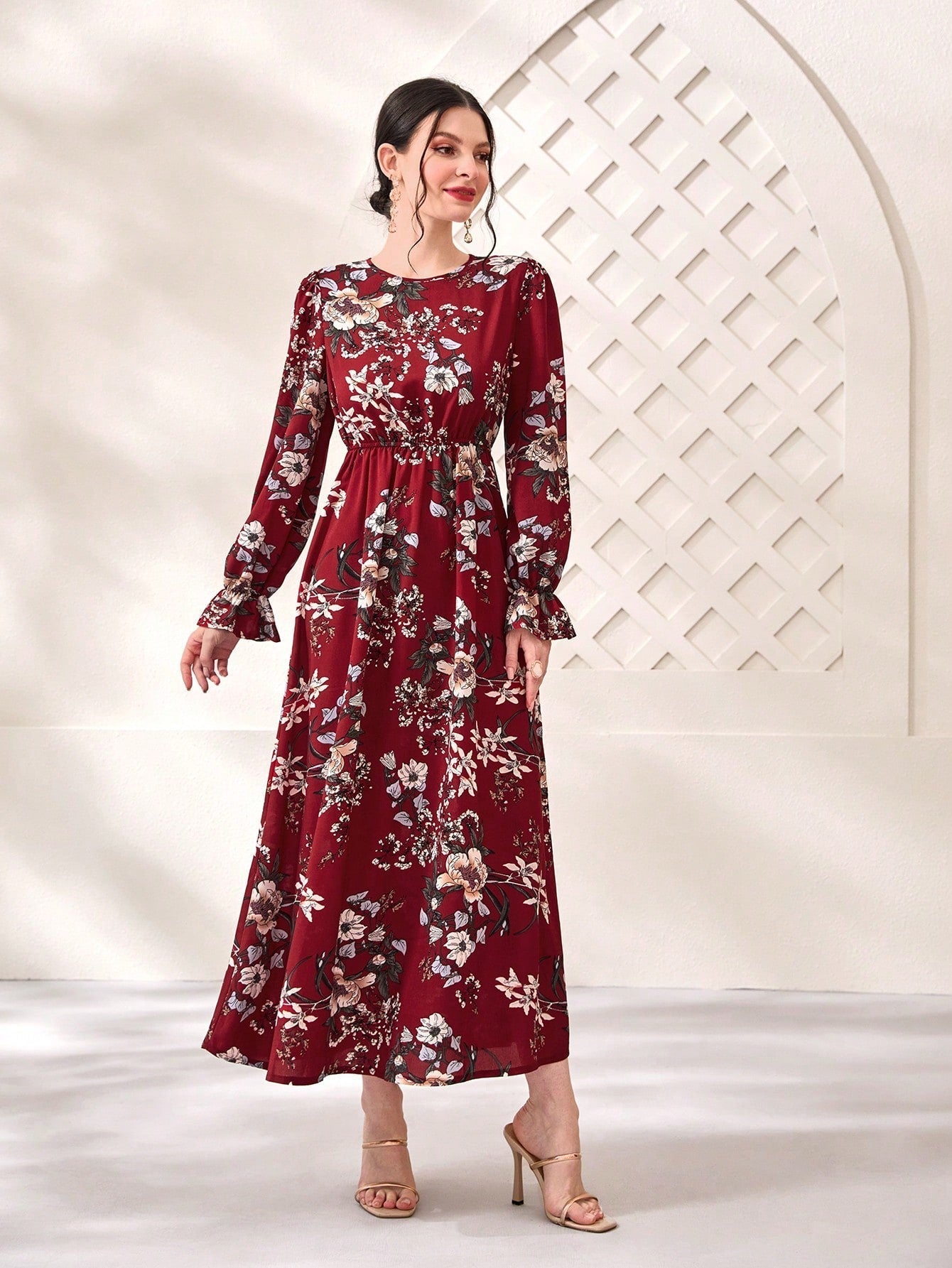 Buy SHEIN Modely Floral Print Flare Sleeve Dress in Pakistan