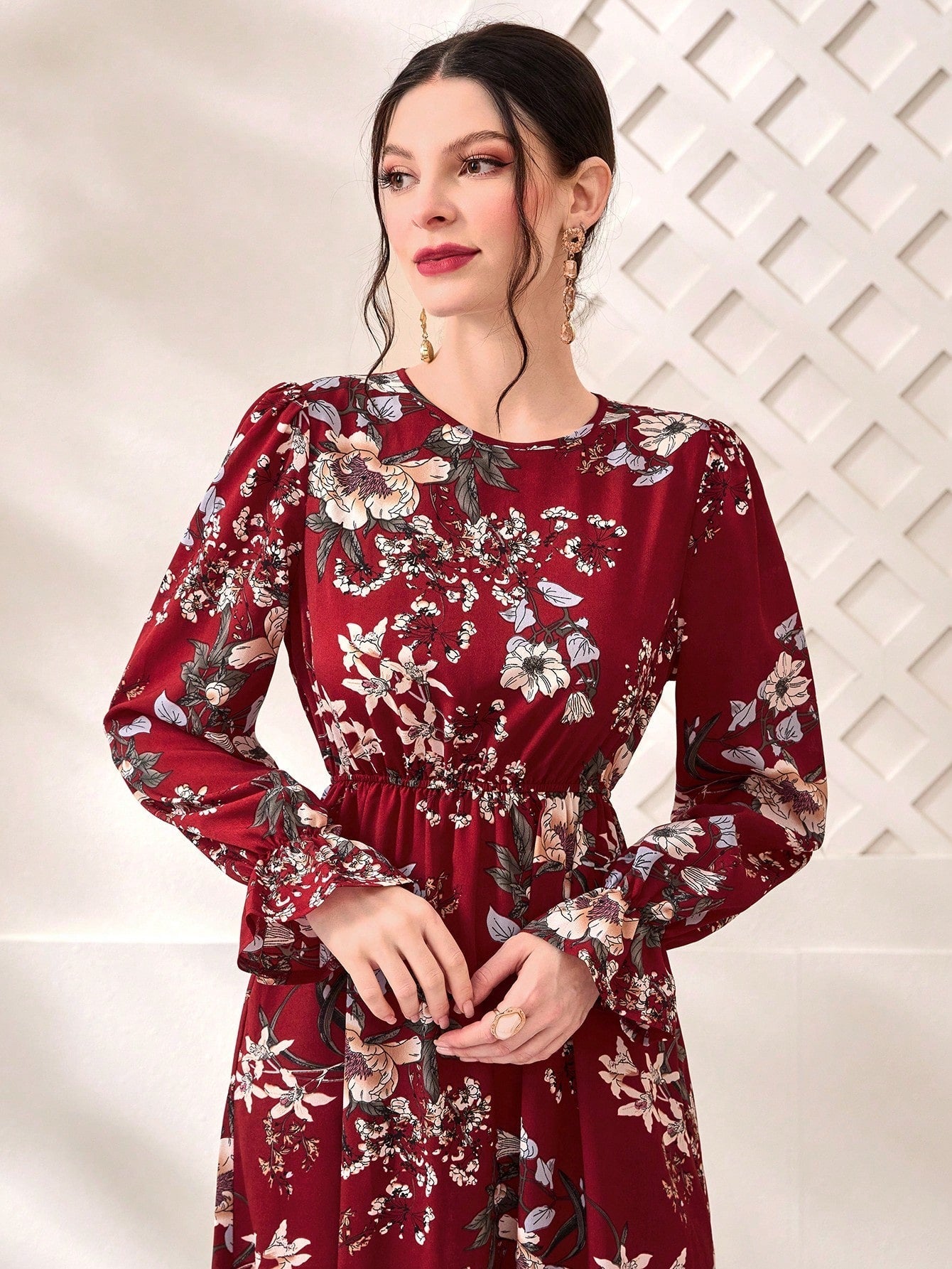 Buy SHEIN Modely Floral Print Flare Sleeve Dress in Pakistan