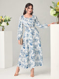 Buy SHEIN Modely Floral Print Notched Neck Lantern Sleeve Ruffle Hem Dress Without Belt in Pakistan