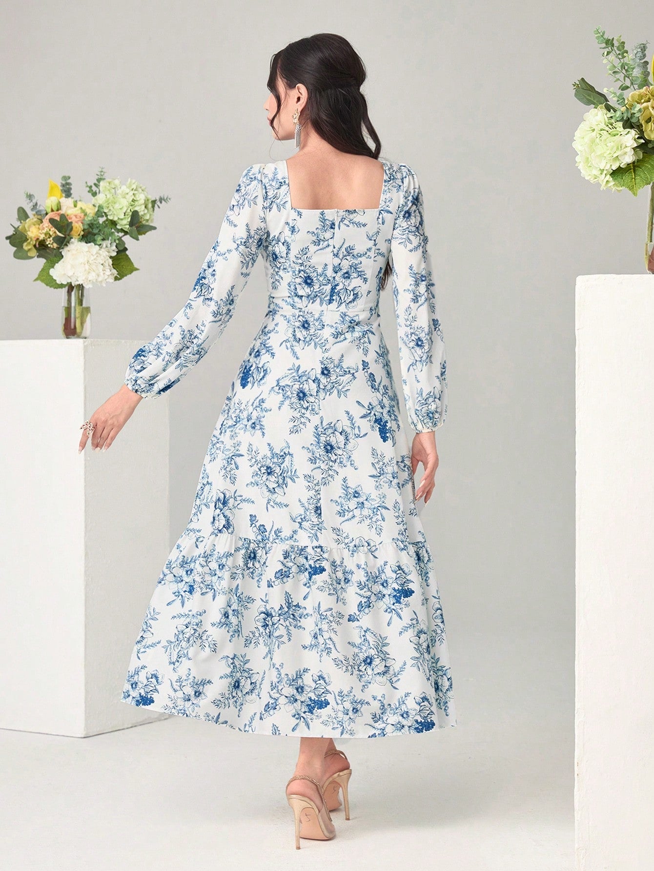 Buy SHEIN Modely Floral Print Notched Neck Lantern Sleeve Ruffle Hem Dress Without Belt in Pakistan