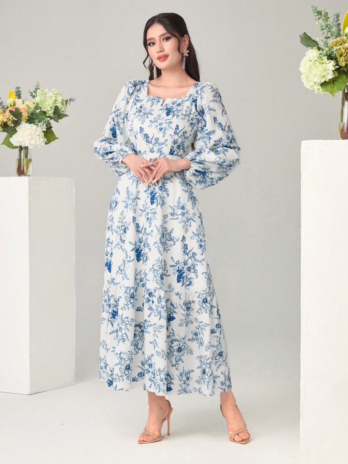 Buy SHEIN Modely Floral Print Notched Neck Lantern Sleeve Ruffle Hem Dress Without Belt in Pakistan