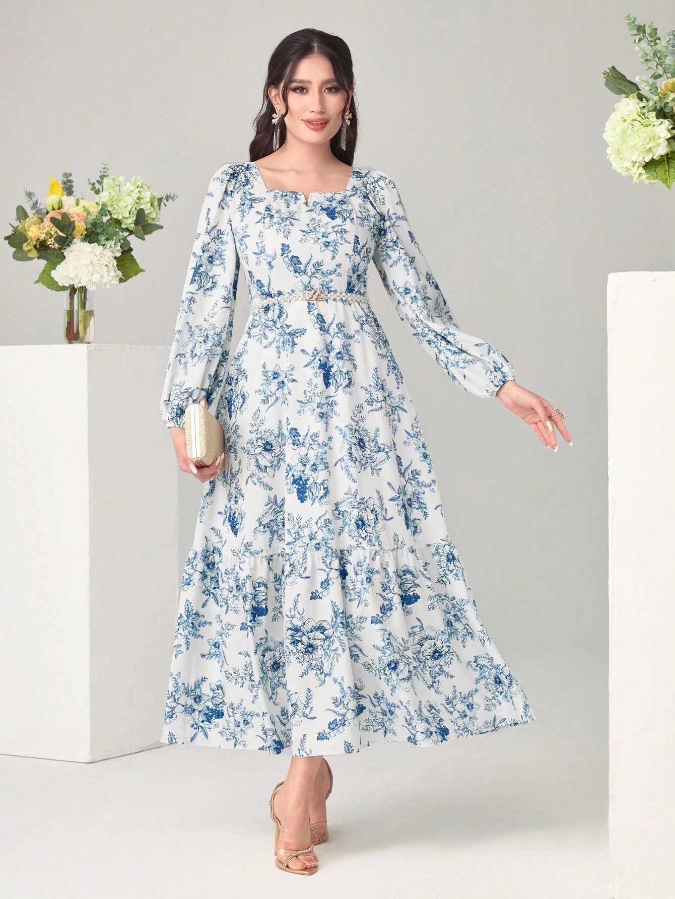Buy SHEIN Modely Floral Print Notched Neck Lantern Sleeve Ruffle Hem Dress Without Belt in Pakistan