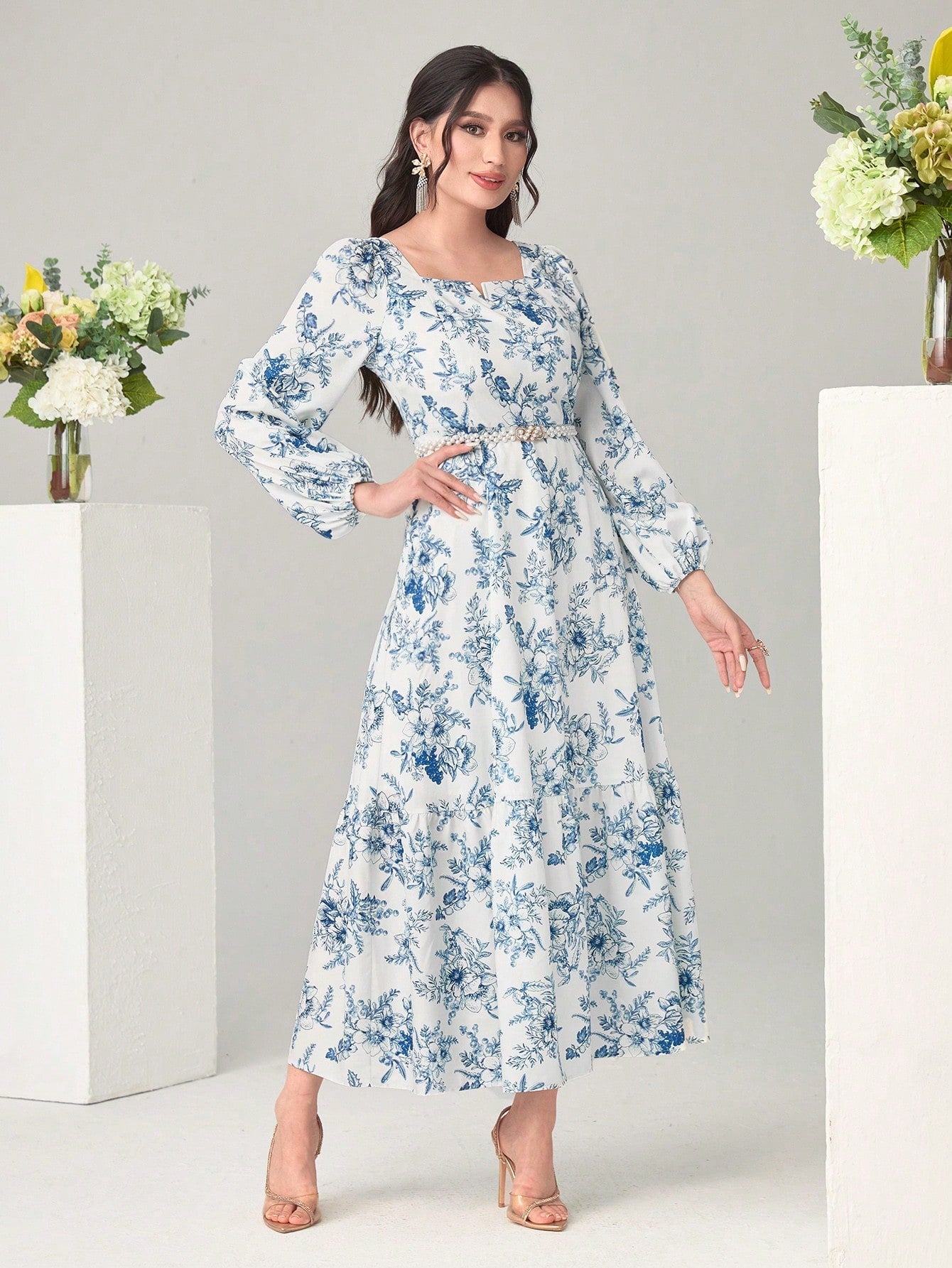 Buy SHEIN Modely Floral Print Notched Neck Lantern Sleeve Ruffle Hem Dress Without Belt in Pakistan