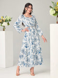 Buy SHEIN Modely Floral Print Notched Neck Lantern Sleeve Ruffle Hem Dress Without Belt in Pakistan