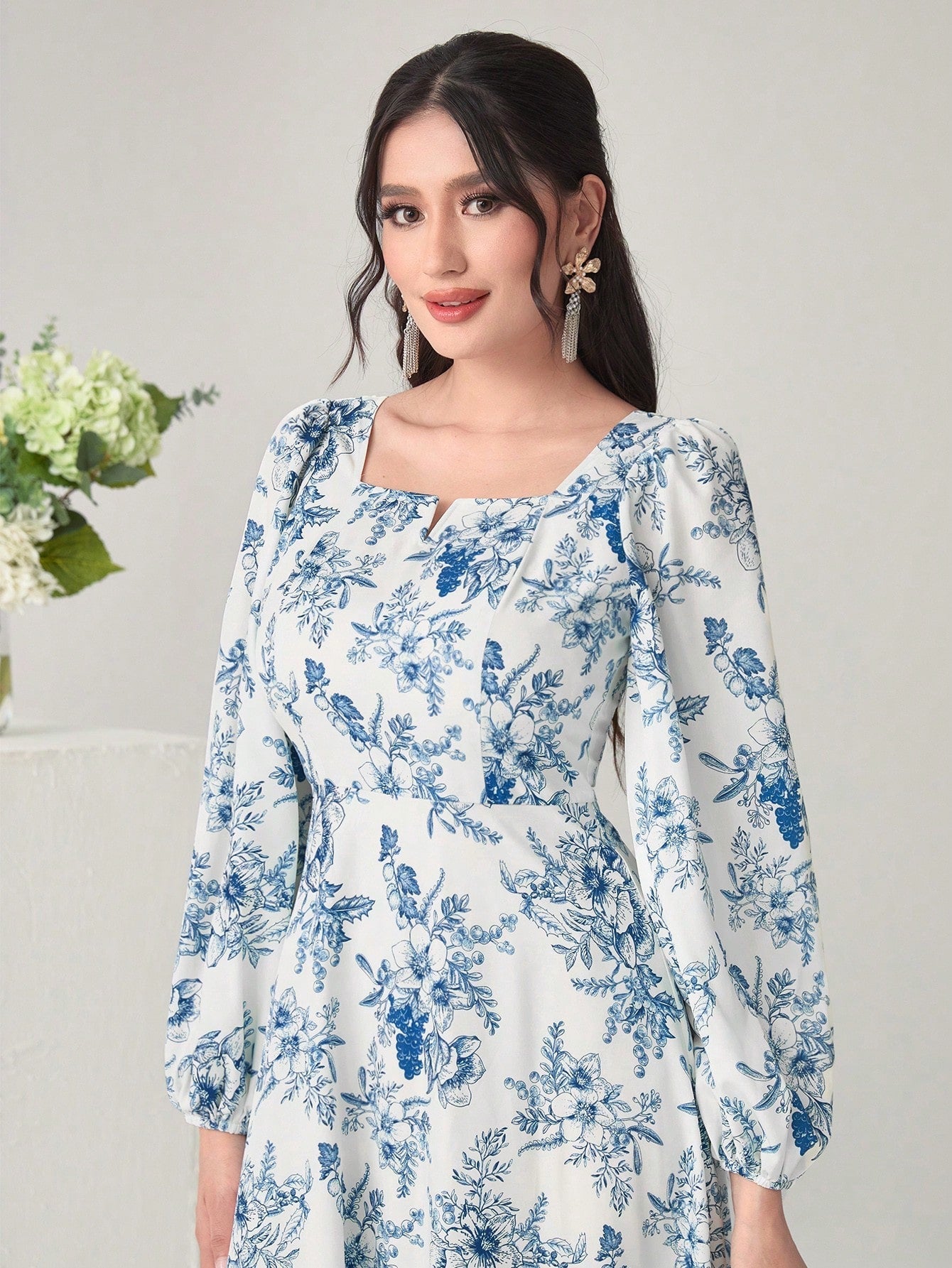 Buy SHEIN Modely Floral Print Notched Neck Lantern Sleeve Ruffle Hem Dress Without Belt in Pakistan