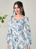 Buy SHEIN Modely Floral Print Notched Neck Lantern Sleeve Ruffle Hem Dress Without Belt in Pakistan