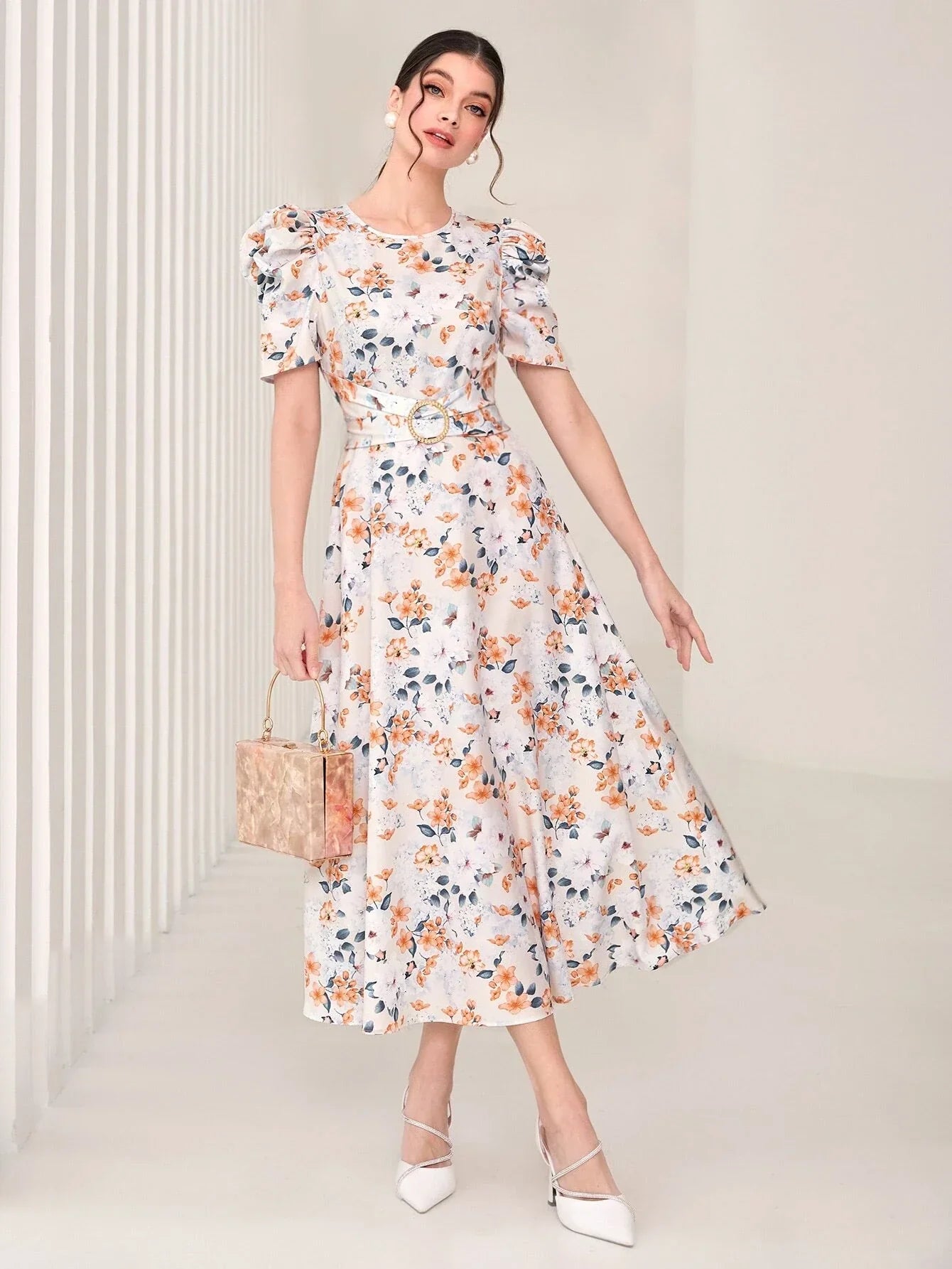Buy SHEIN Modely Floral Print Puff Sleeve Dress in Pakistan