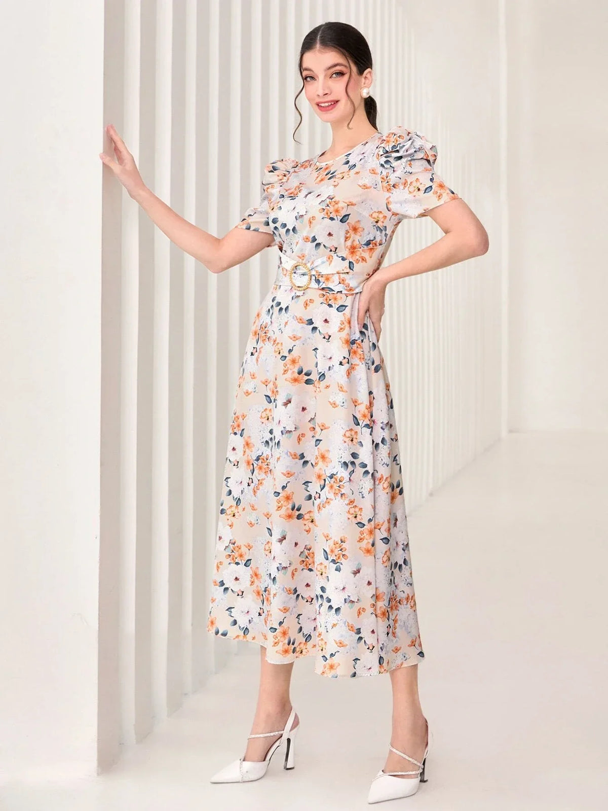 Buy SHEIN Modely Floral Print Puff Sleeve Dress in Pakistan