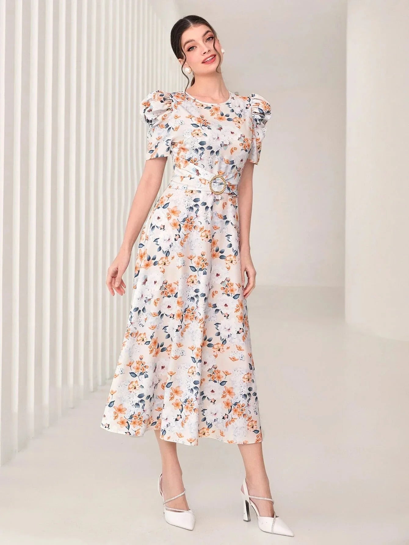 Buy SHEIN Modely Floral Print Puff Sleeve Dress in Pakistan