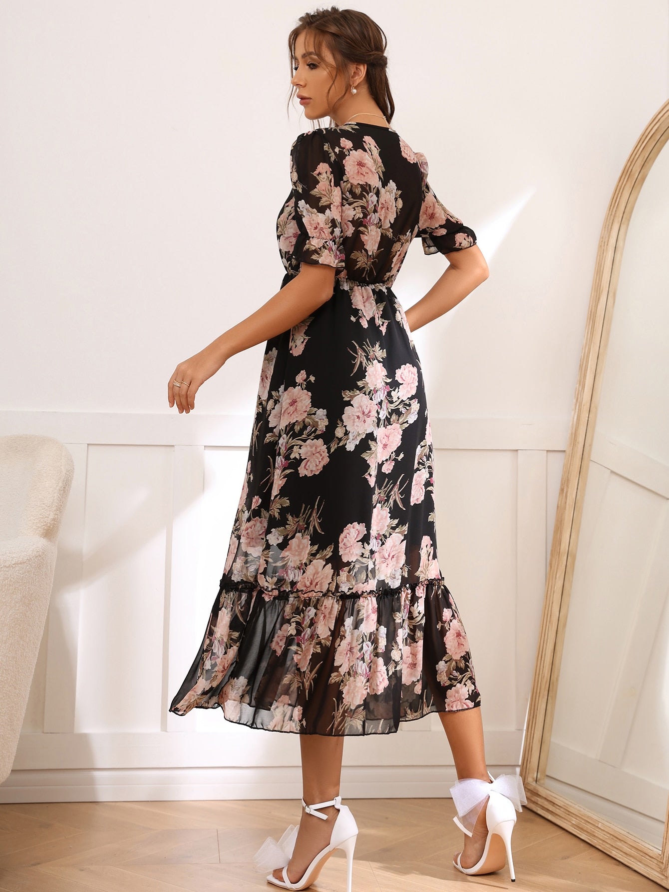 Buy SHEIN Modely Floral Print Tie Front Flounce Sleeve Dress in Pakistan