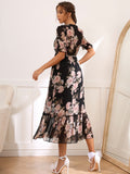 Buy SHEIN Modely Floral Print Tie Front Flounce Sleeve Dress in Pakistan