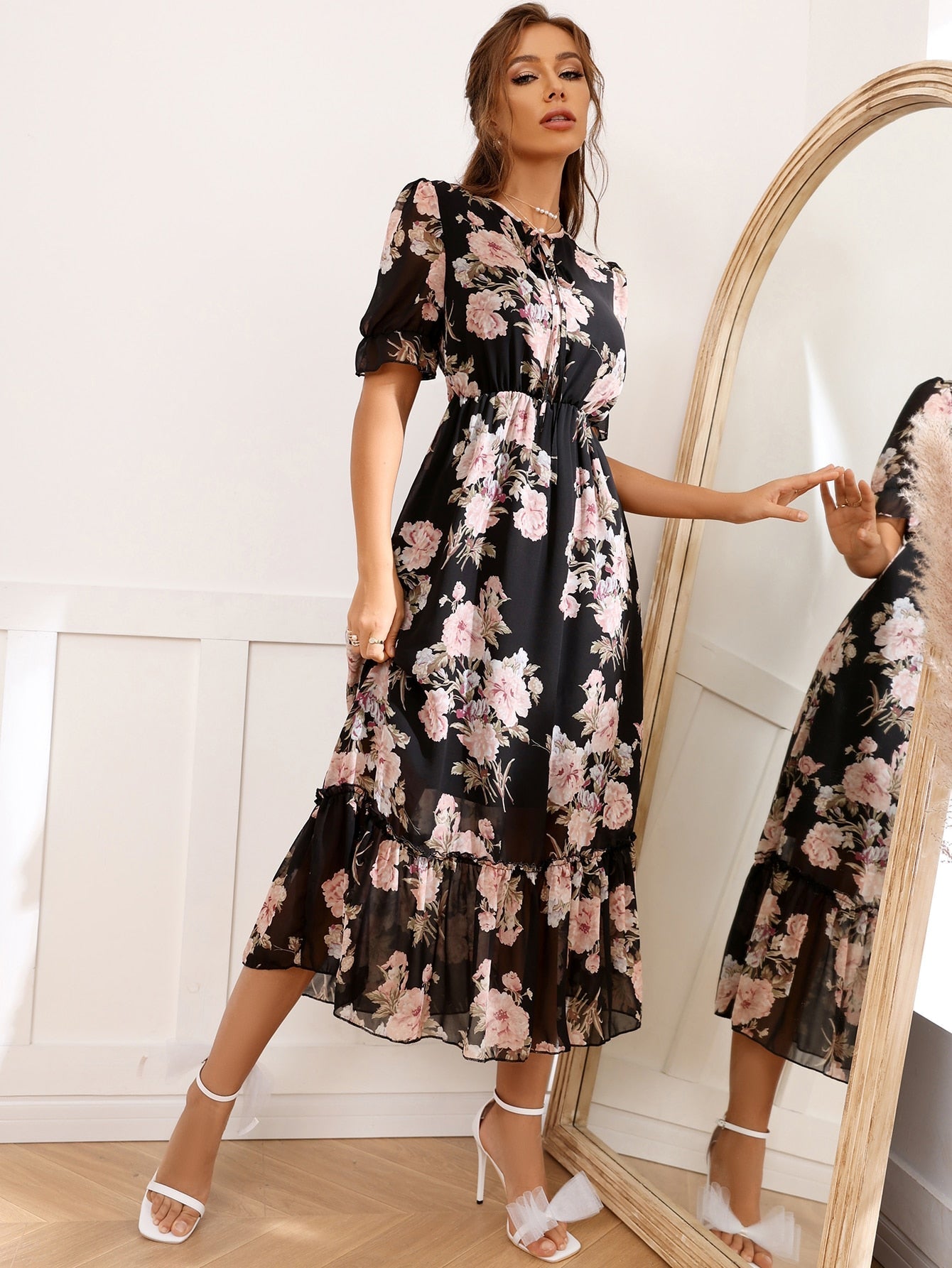 Buy SHEIN Modely Floral Print Tie Front Flounce Sleeve Dress in Pakistan
