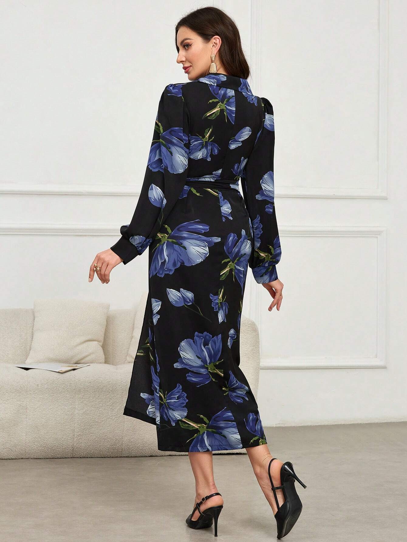 Buy SHEIN Modely Floral Print V-Neck Wrap-Around Tie-Front Elegant Long Sleeve Dress in Pakistan