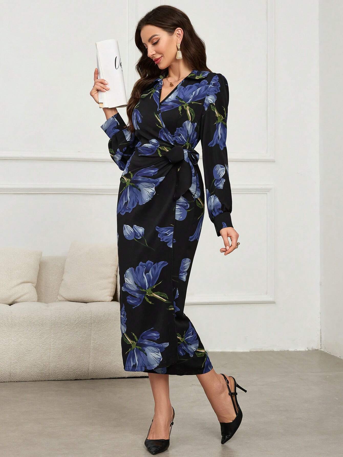 Buy SHEIN Modely Floral Print V-Neck Wrap-Around Tie-Front Elegant Long Sleeve Dress in Pakistan