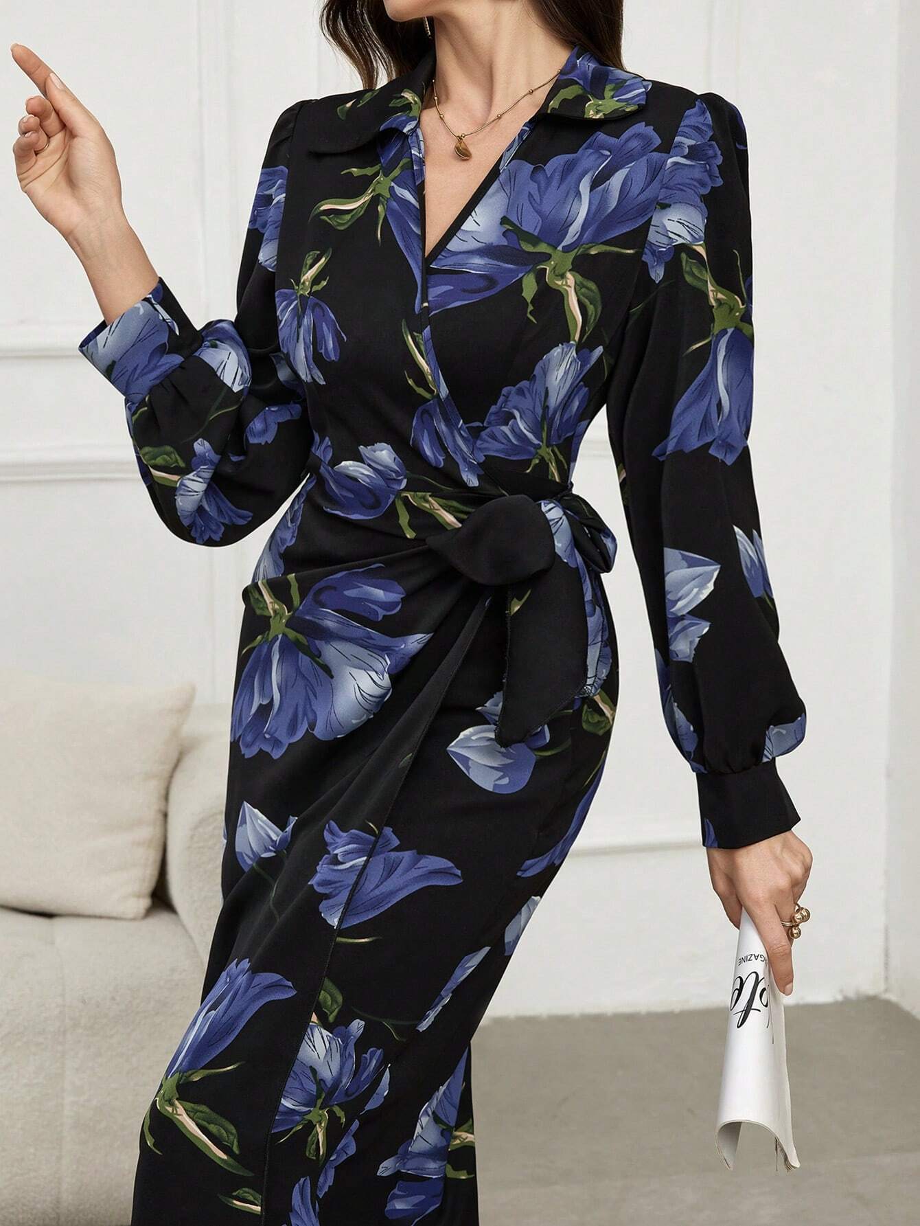 Buy SHEIN Modely Floral Print V-Neck Wrap-Around Tie-Front Elegant Long Sleeve Dress in Pakistan