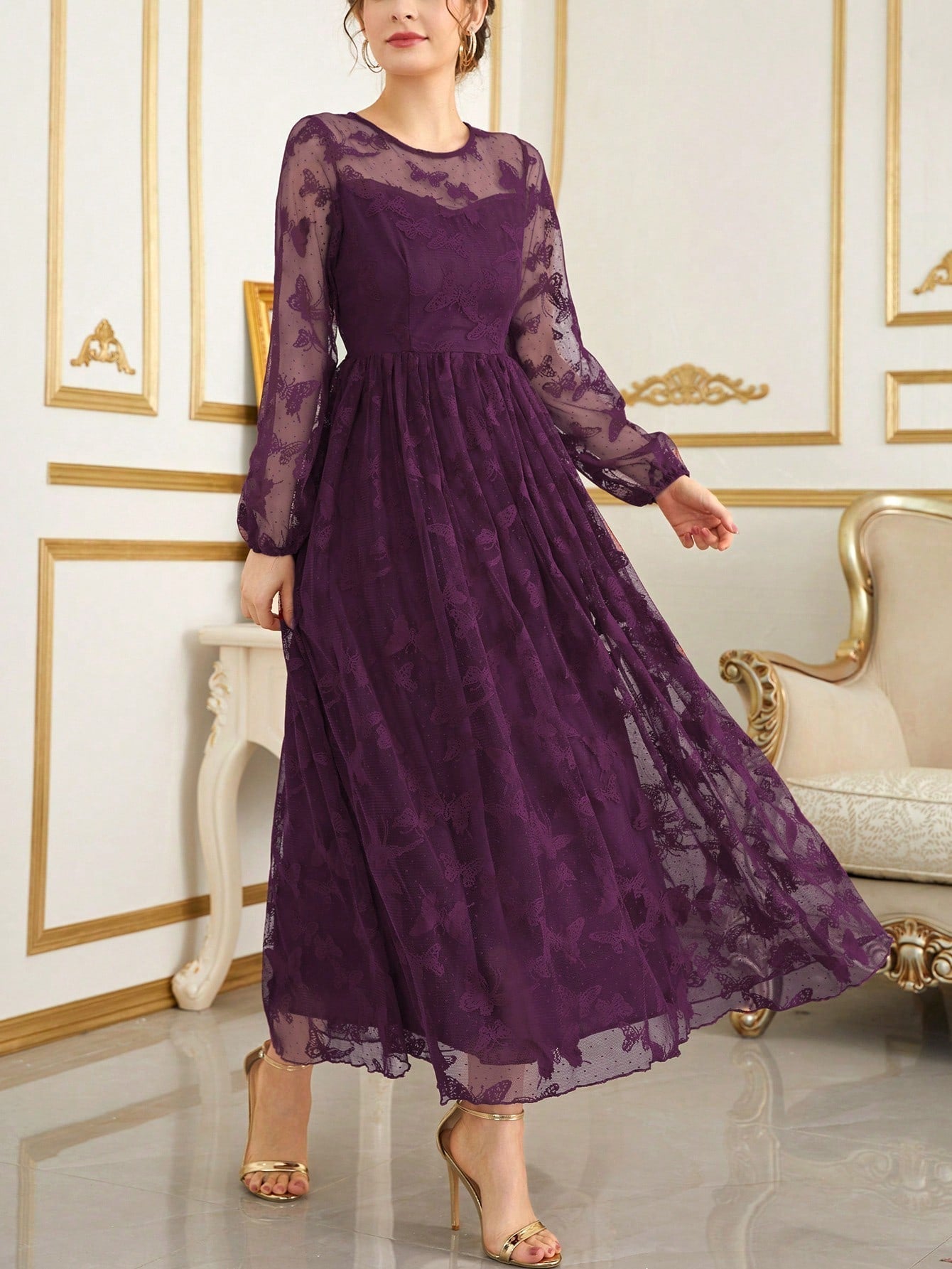 Buy SHEIN Modely Lantern Sleeve Embroidery Mesh Dress in Pakistan