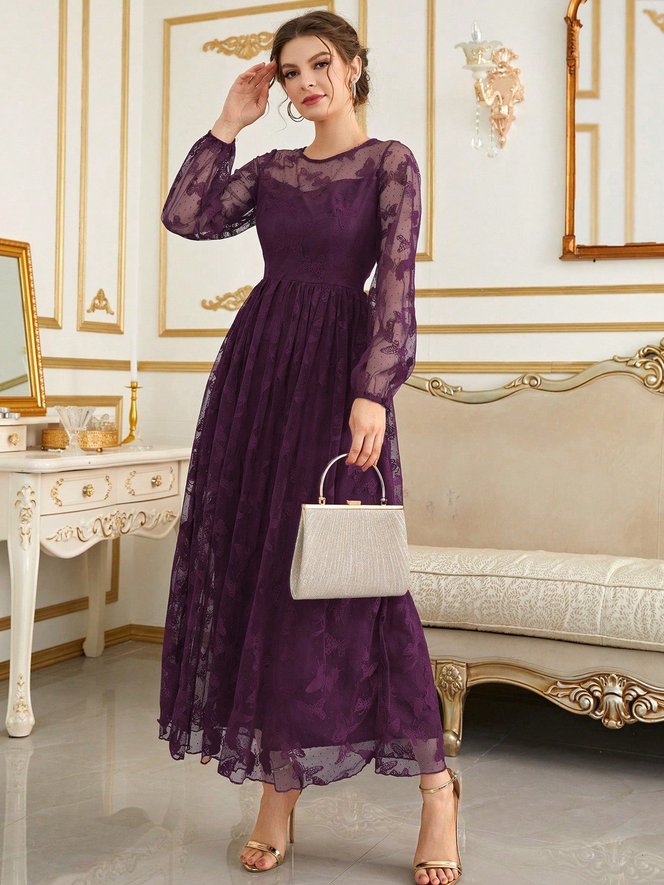 Buy SHEIN Modely Lantern Sleeve Embroidery Mesh Dress in Pakistan