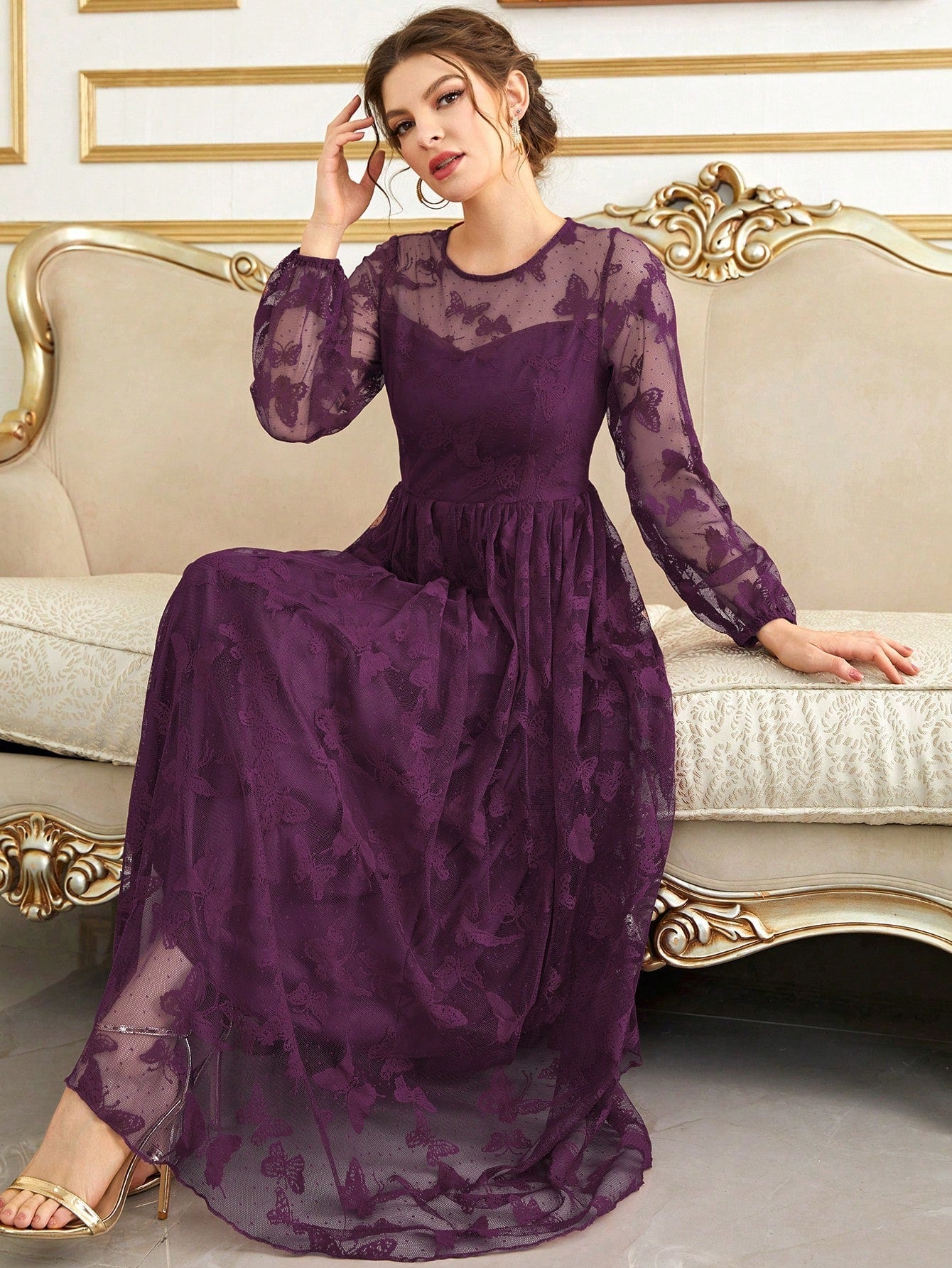 Buy SHEIN Modely Lantern Sleeve Embroidery Mesh Dress in Pakistan