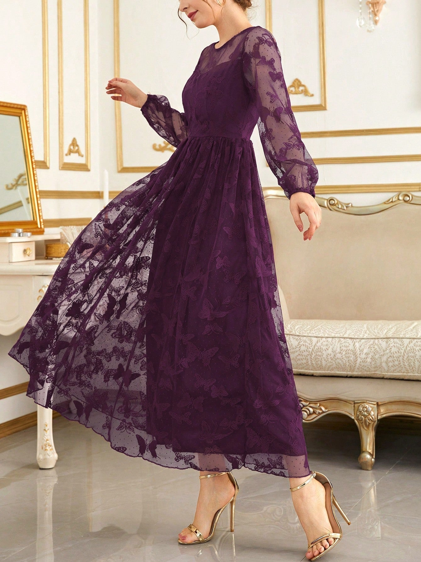 Buy SHEIN Modely Lantern Sleeve Embroidery Mesh Dress in Pakistan