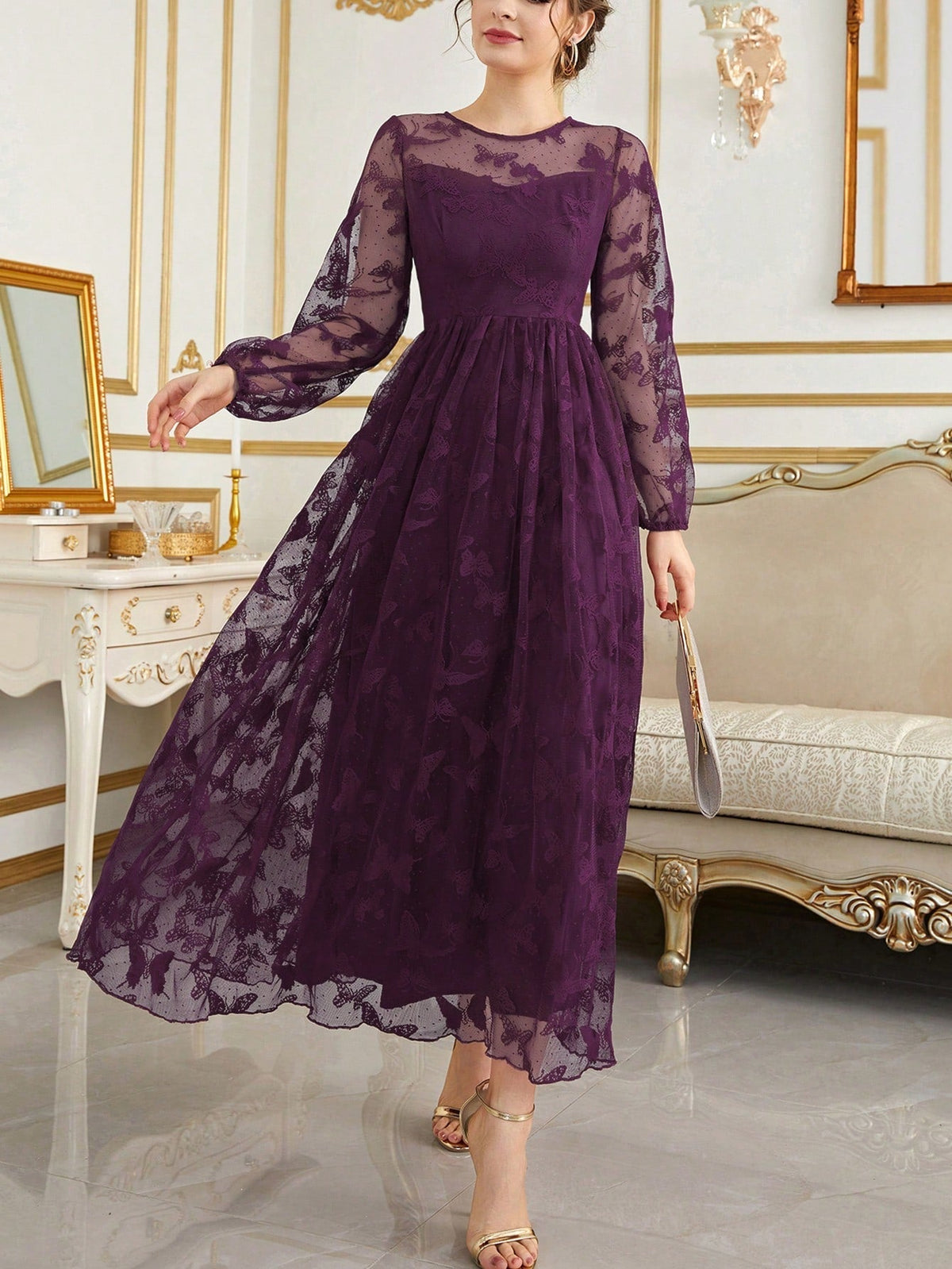 Buy SHEIN Modely Lantern Sleeve Embroidery Mesh Dress in Pakistan