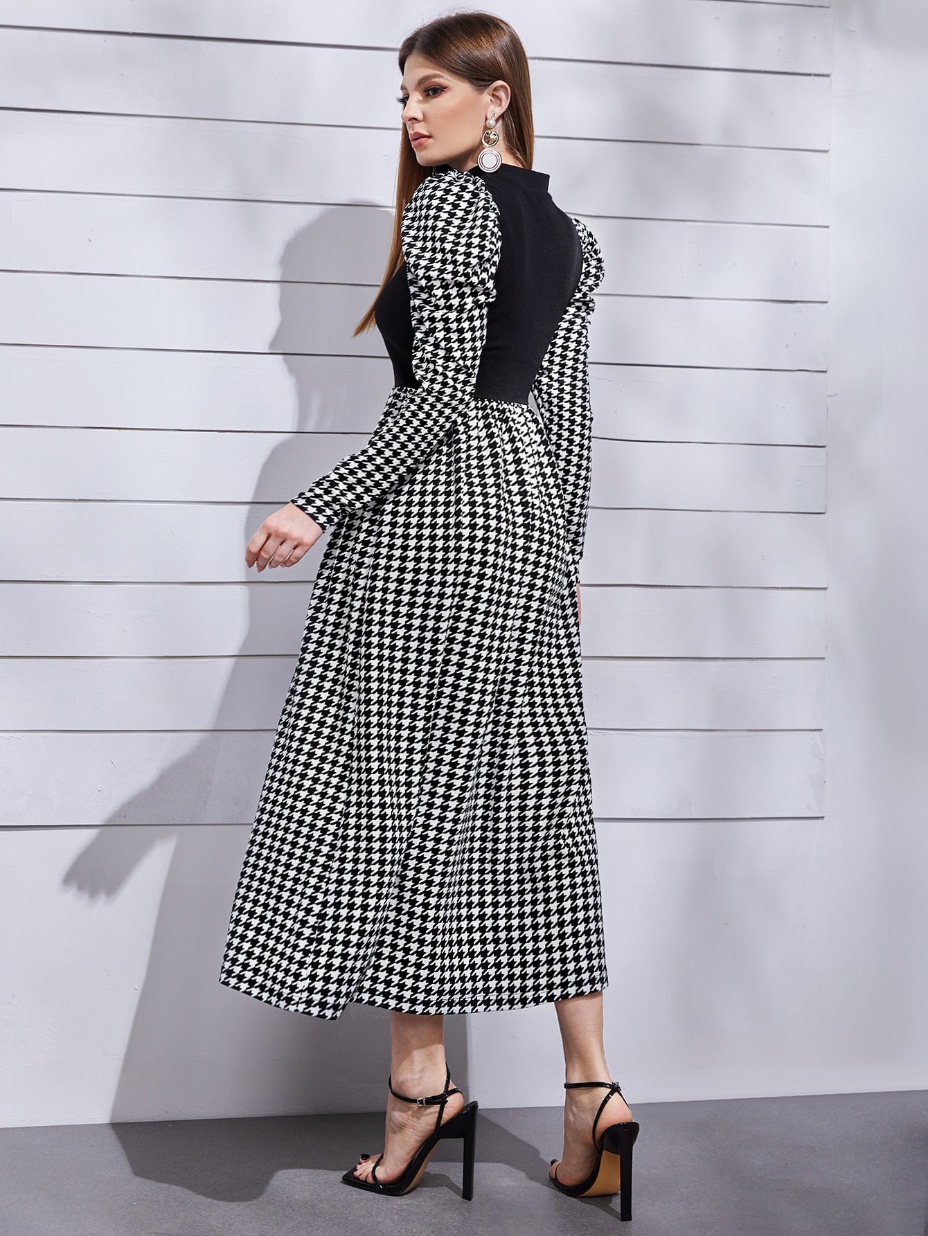Buy SHEIN Modely Mock Neck Leg-of-mutton Sleeve Houndstooth Dress in Pakistan
