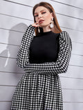 Buy SHEIN Modely Mock Neck Leg-of-mutton Sleeve Houndstooth Dress in Pakistan
