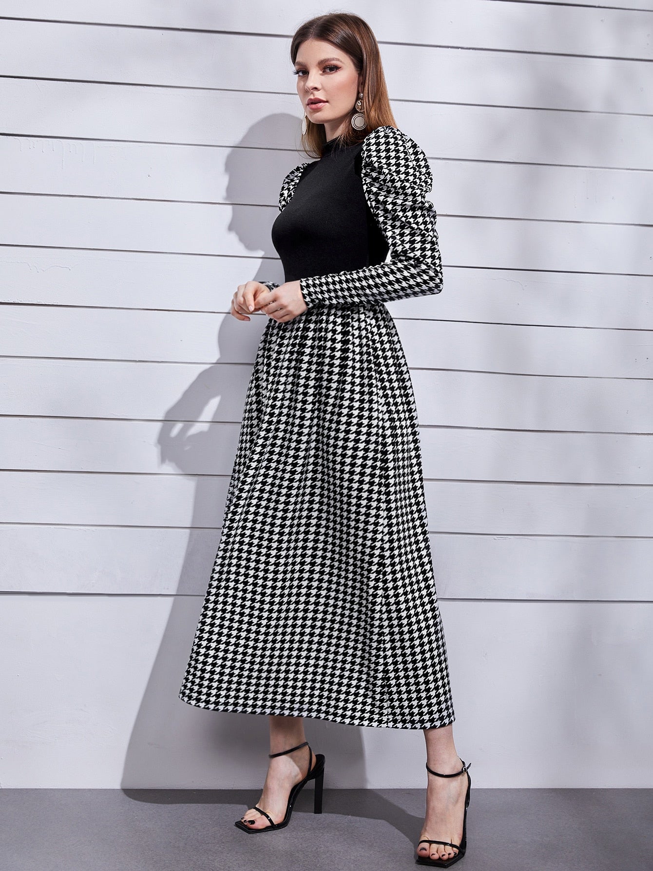 Buy SHEIN Modely Mock Neck Leg-of-mutton Sleeve Houndstooth Dress in Pakistan