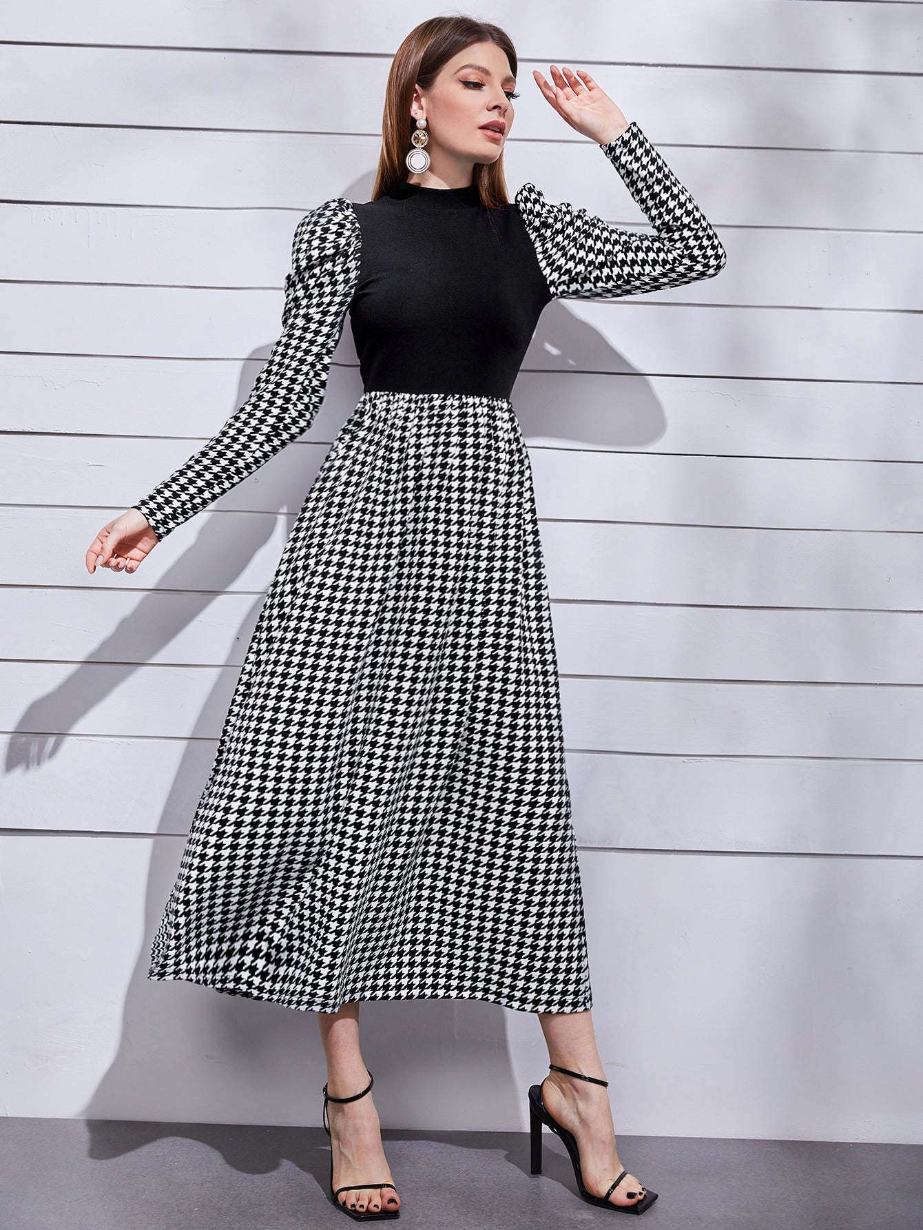 Buy SHEIN Modely Mock Neck Leg-of-mutton Sleeve Houndstooth Dress in Pakistan