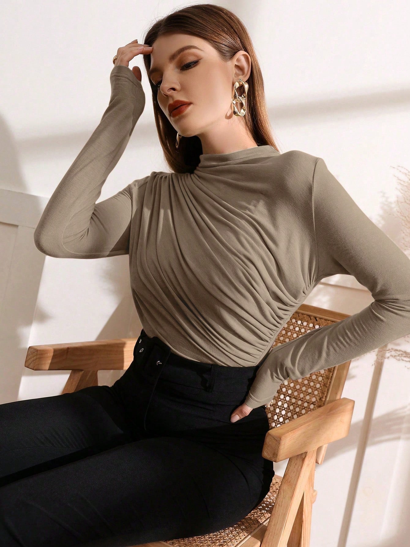 Buy Shein Mock Neck Ruched Tee in Pakistan