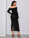 Buy SHEIN Modely Off Shoulder Frill Trim Split Back Glitter Bodycon Dress in Pakistan