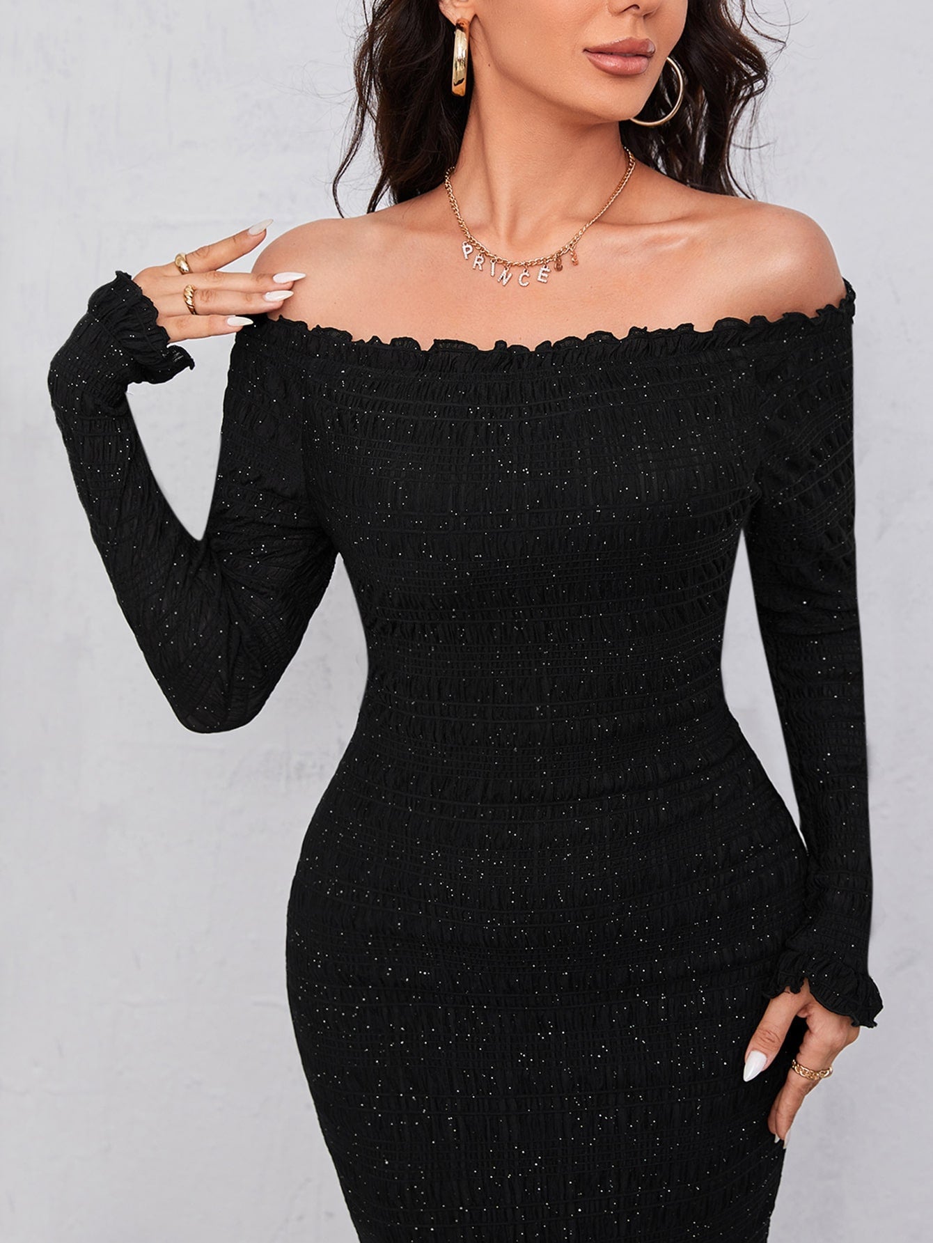 Buy SHEIN Modely Off Shoulder Frill Trim Split Back Glitter Bodycon Dress in Pakistan