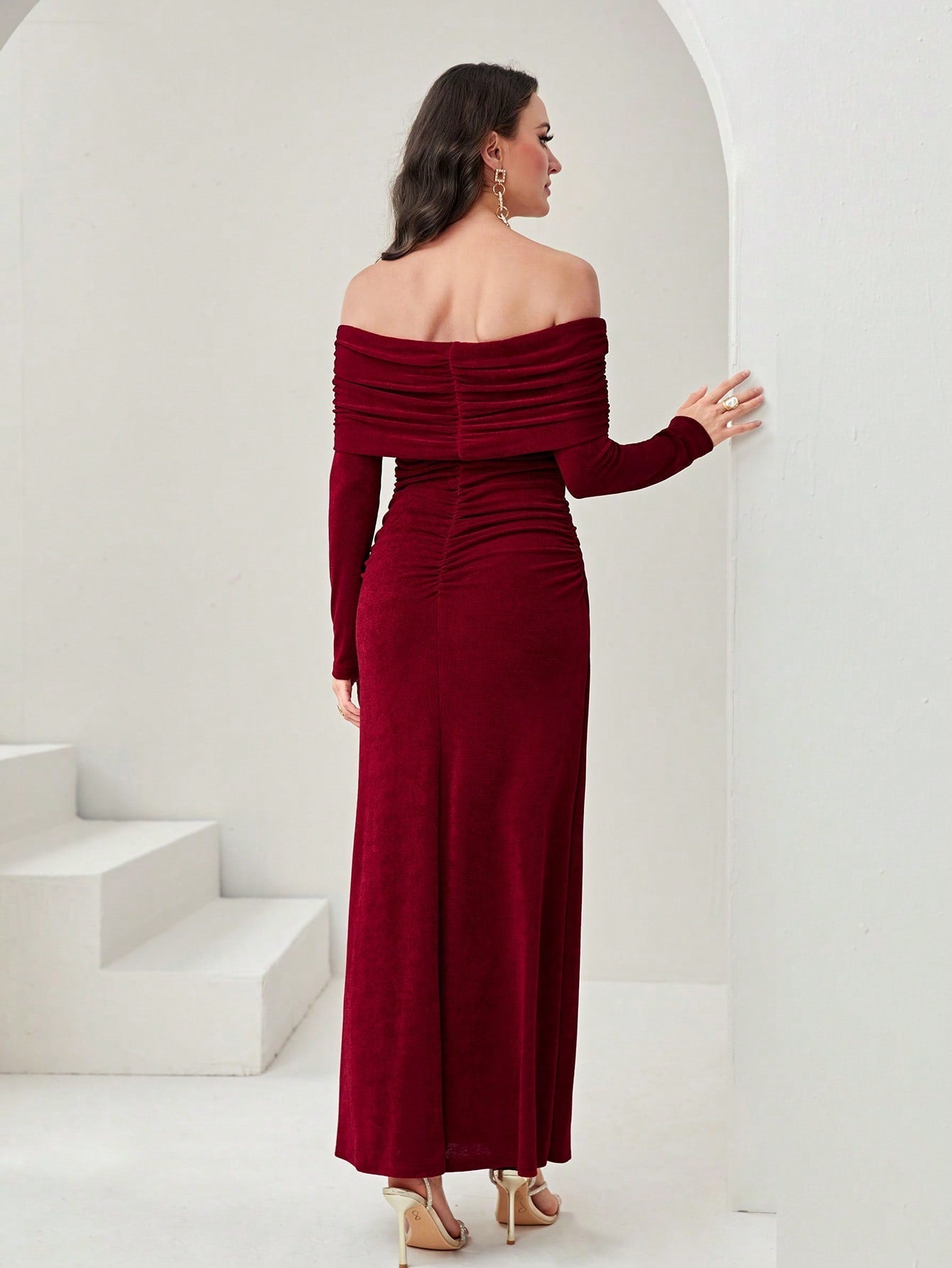 Buy SHEIN Modely Off Shoulder Ruched Side Split Thigh Dress in Pakistan