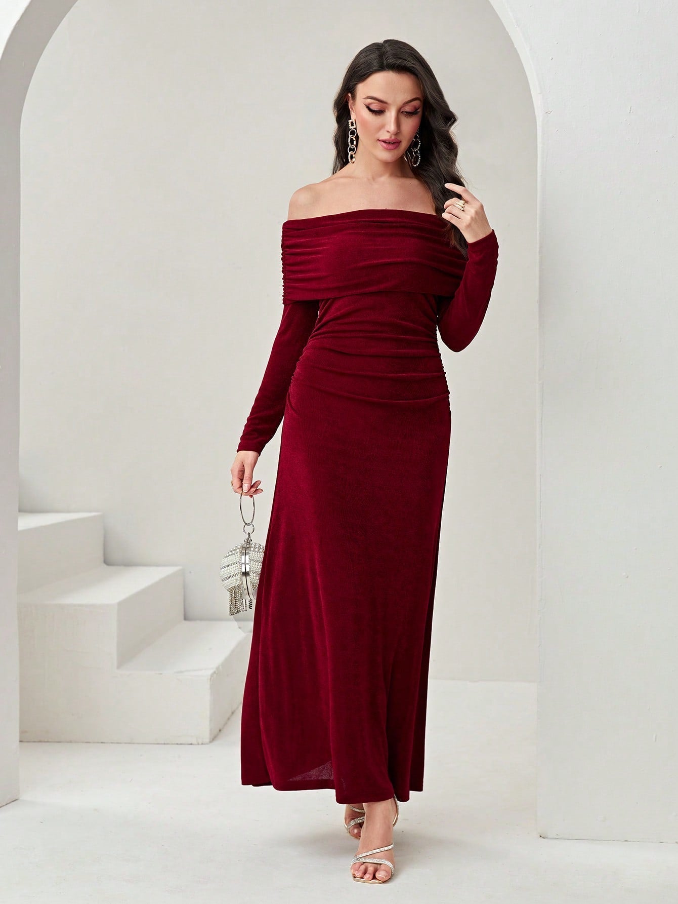 Buy SHEIN Modely Off Shoulder Ruched Side Split Thigh Dress in Pakistan