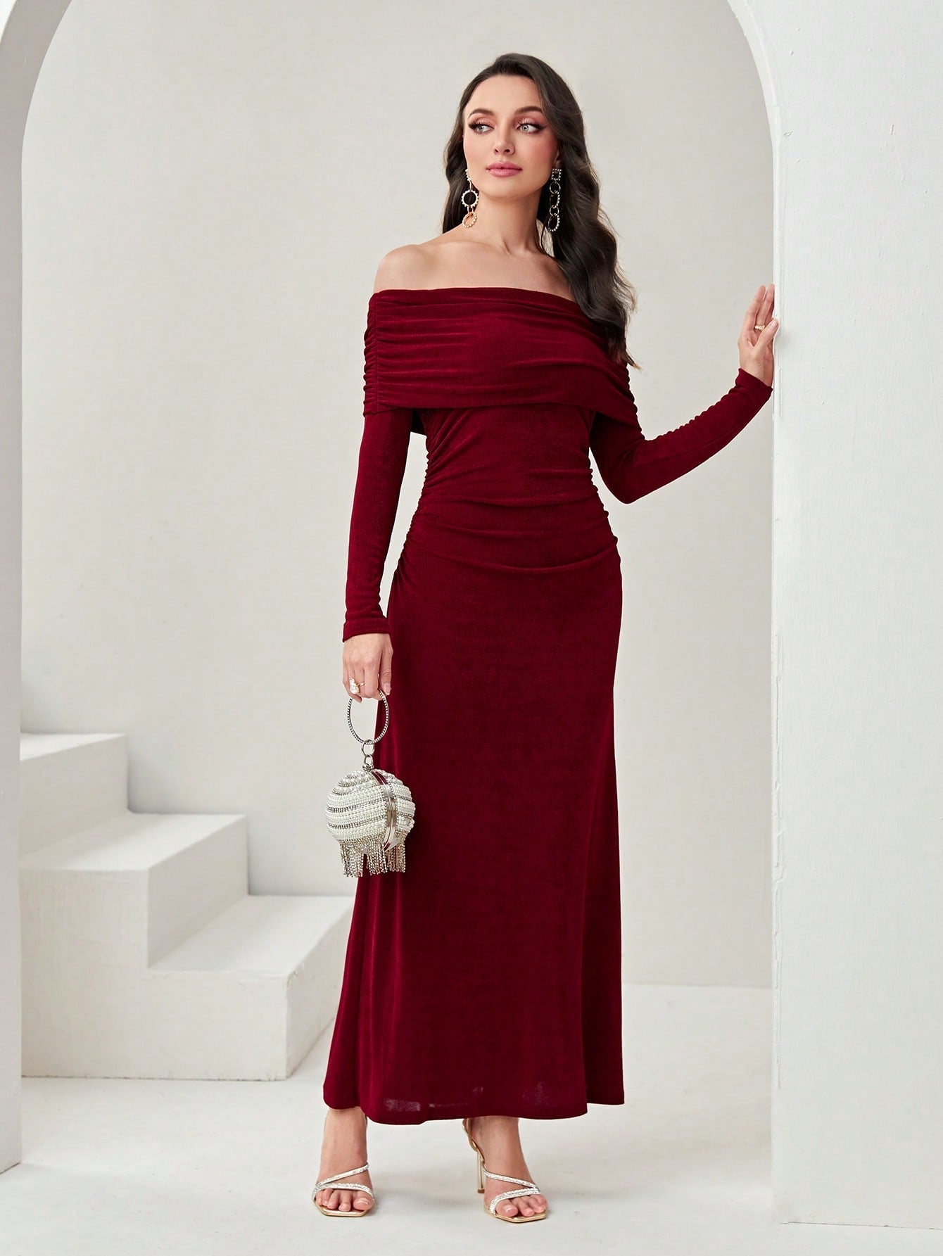 Buy SHEIN Modely Off Shoulder Ruched Side Split Thigh Dress in Pakistan