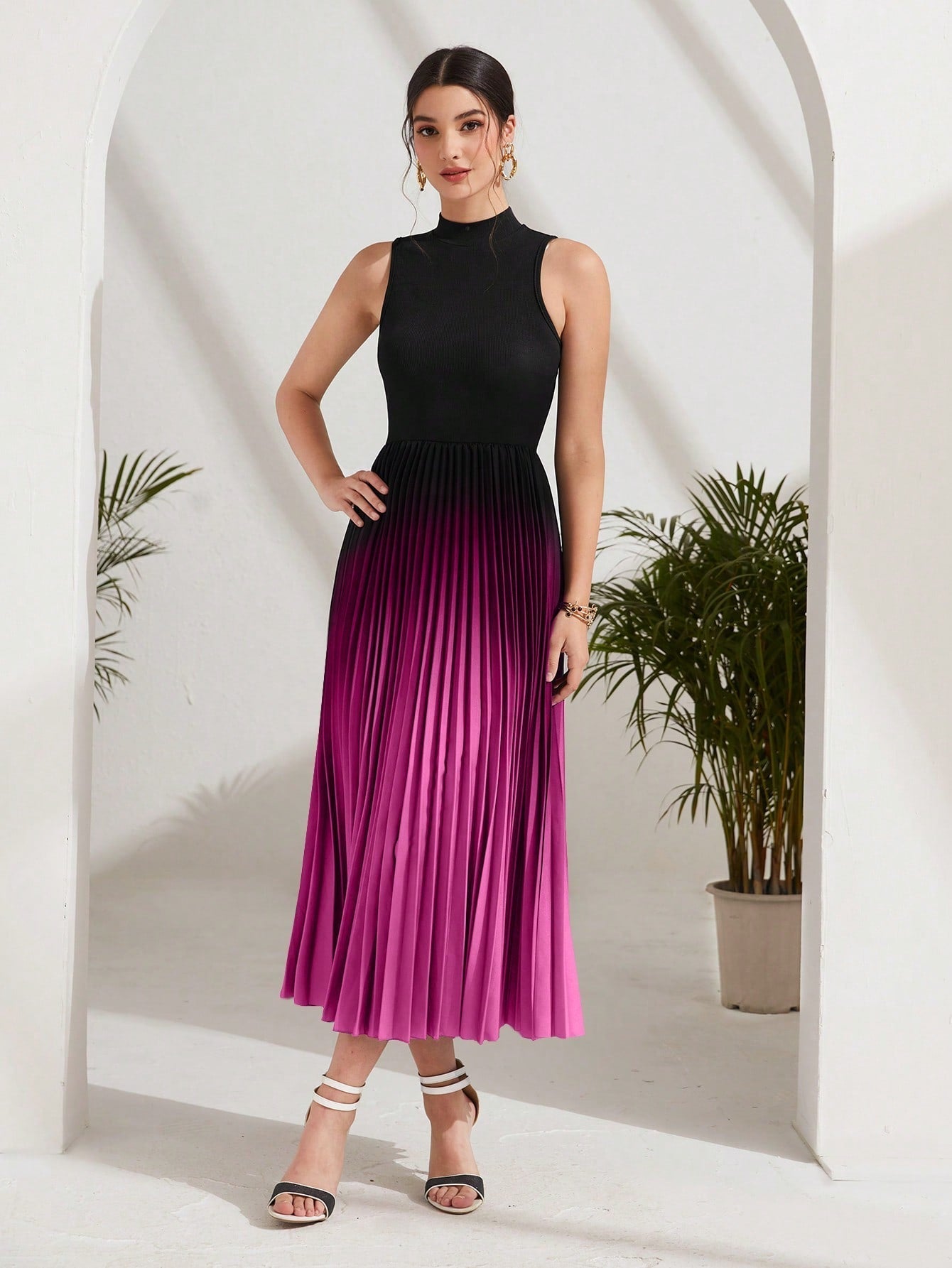 Buy SHEIN Modely Ombre Pleated Hem Mock Neck Dress in Pakistan