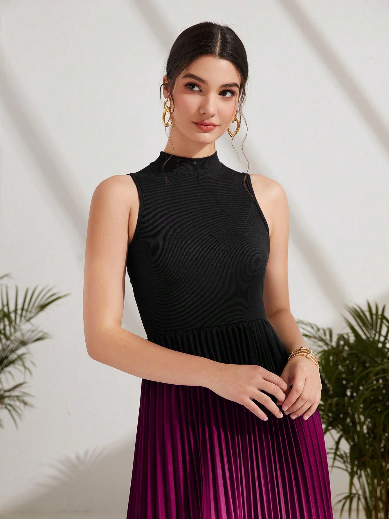 Buy SHEIN Modely Ombre Pleated Hem Mock Neck Dress in Pakistan