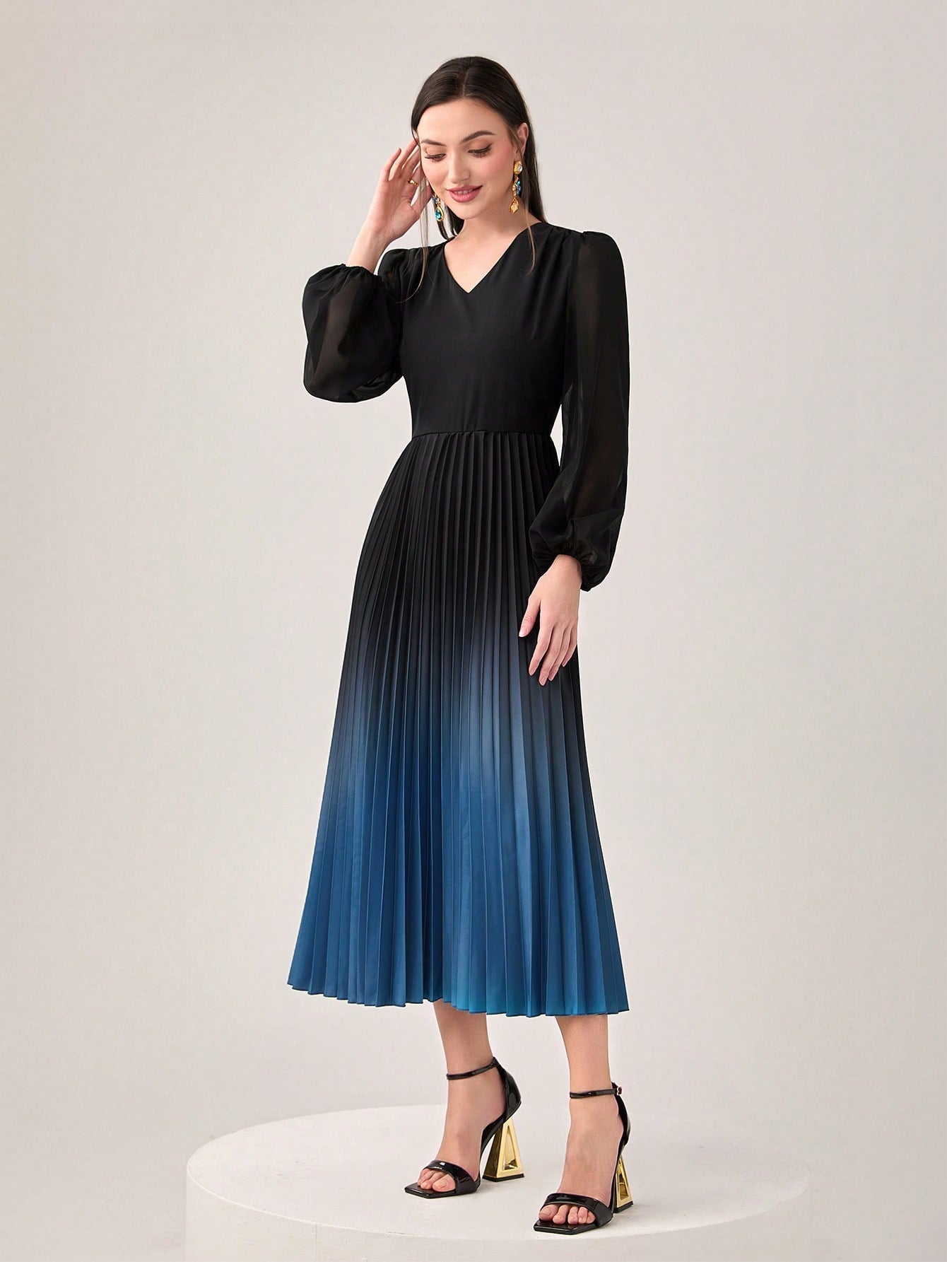 Buy SHEIN Modely Ombre Print Lantern Sleeve Pleated Hem Dress Without Belt in Pakistan
