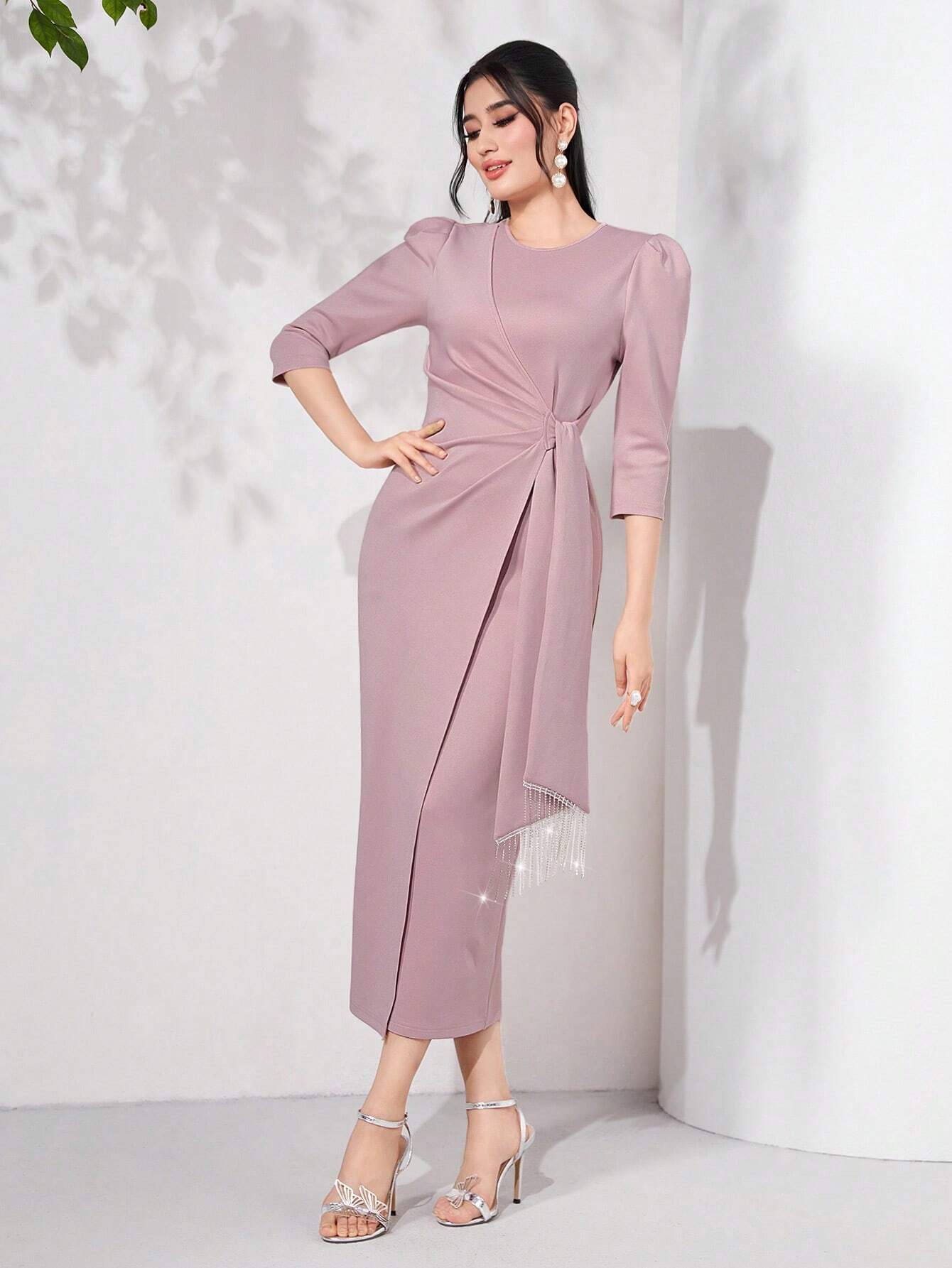 Buy SHEIN Modely Puff Sleeve Draped Side Wrap Hem Dress in Pakistan