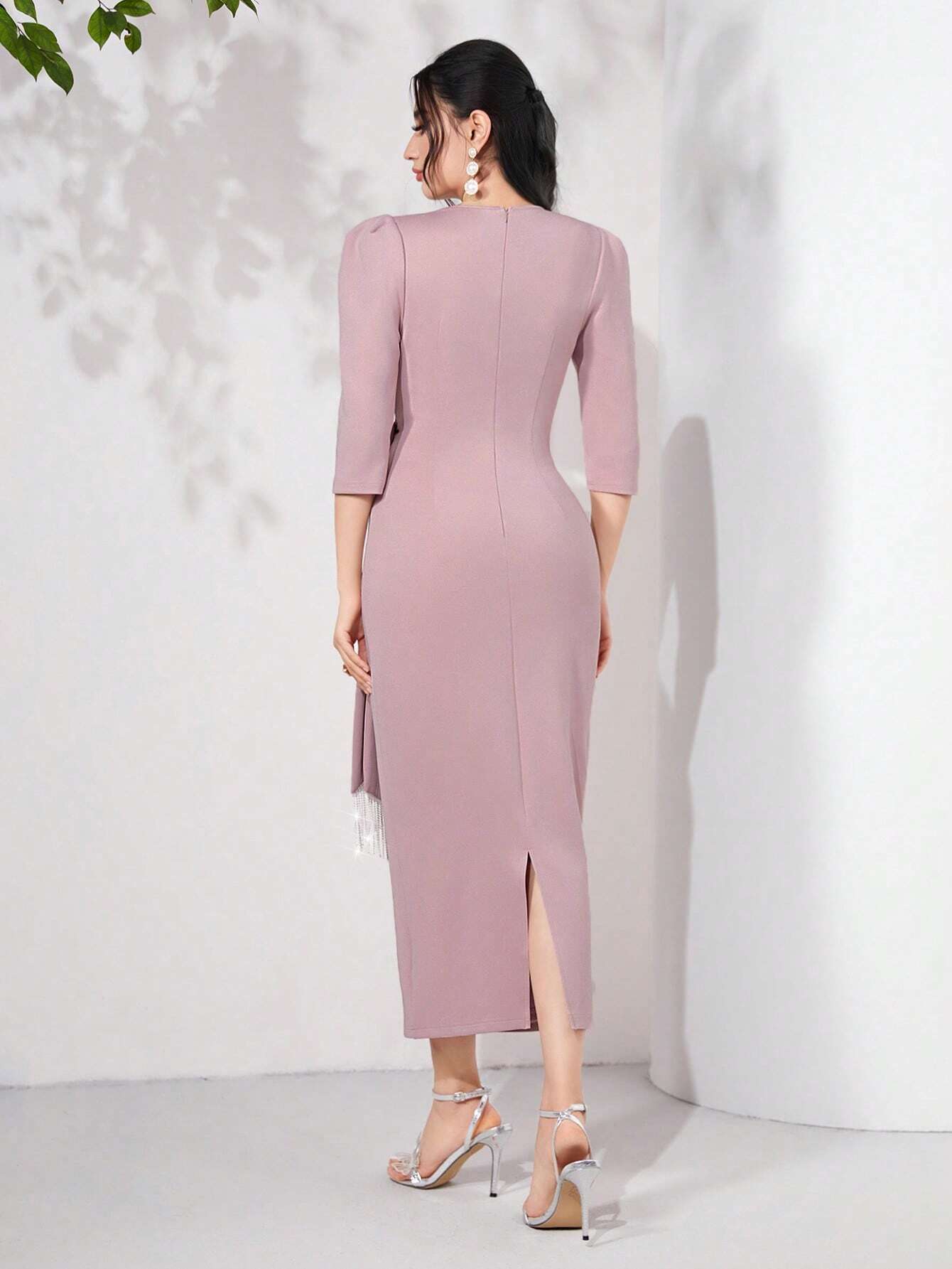 Buy SHEIN Modely Puff Sleeve Draped Side Wrap Hem Dress in Pakistan