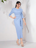 Buy SHEIN Modely Puff Sleeve Draped Side Wrap Hem Dress in Pakistan