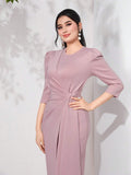 Buy SHEIN Modely Puff Sleeve Draped Side Wrap Hem Dress in Pakistan