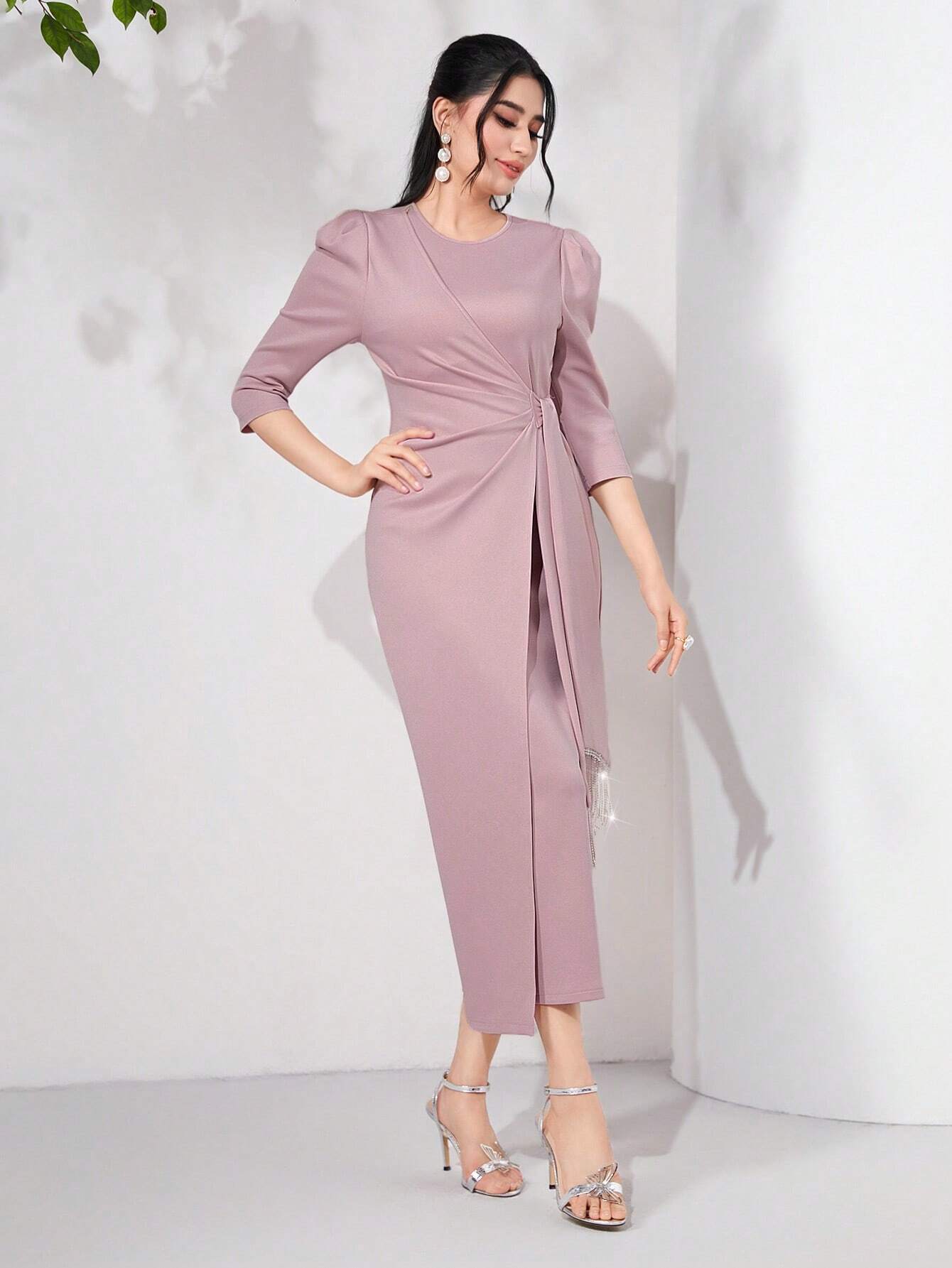 Buy SHEIN Modely Puff Sleeve Draped Side Wrap Hem Dress in Pakistan