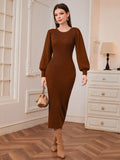 Buy SHEIN Modely Solid Button Detail Lantern Sleeve Bodycon Sweater Dress in Pakistan
