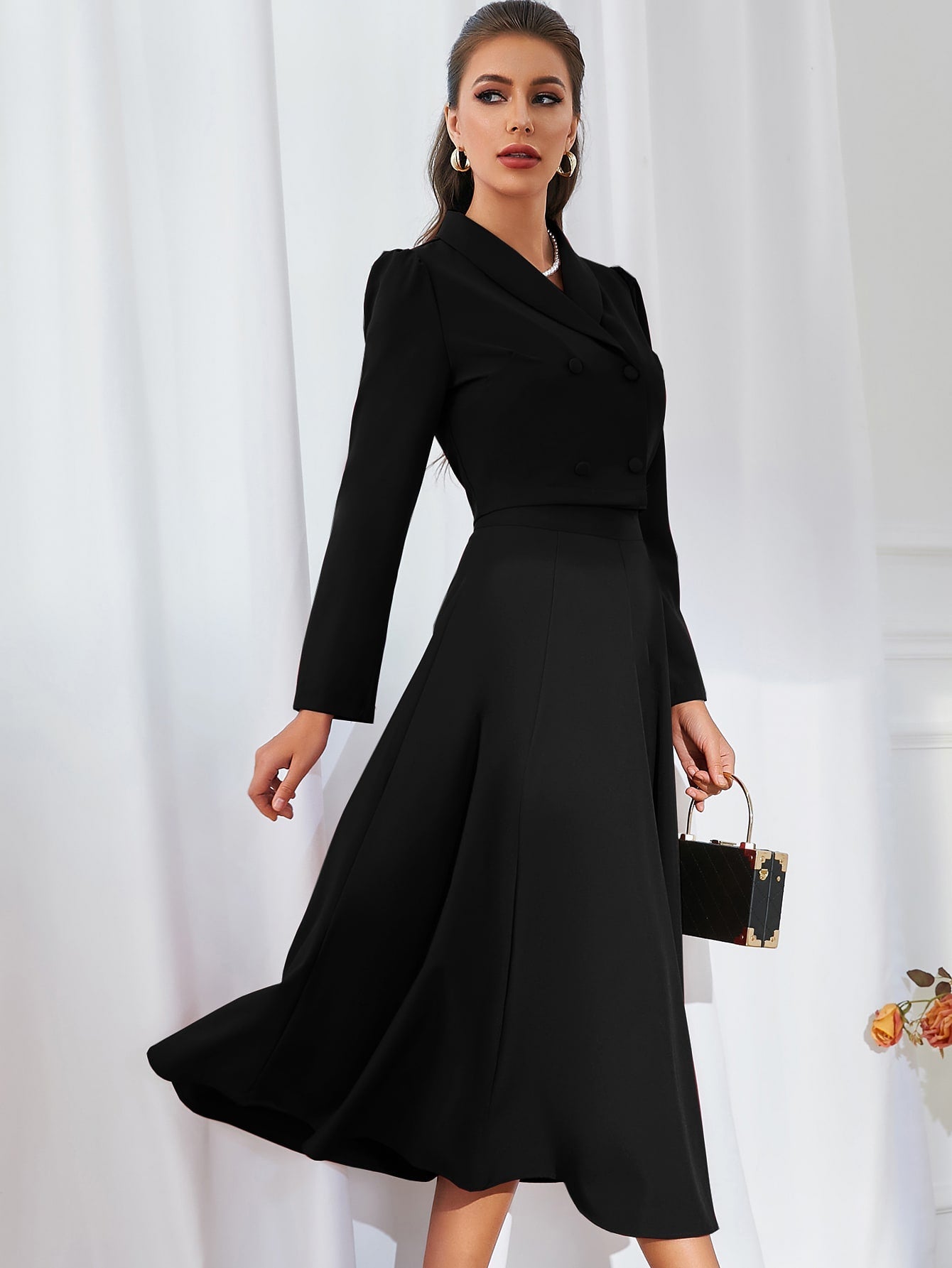 Buy SHEIN Modely Solid Double Breasted Shawl Collar Blazer & Skirt in Pakistan