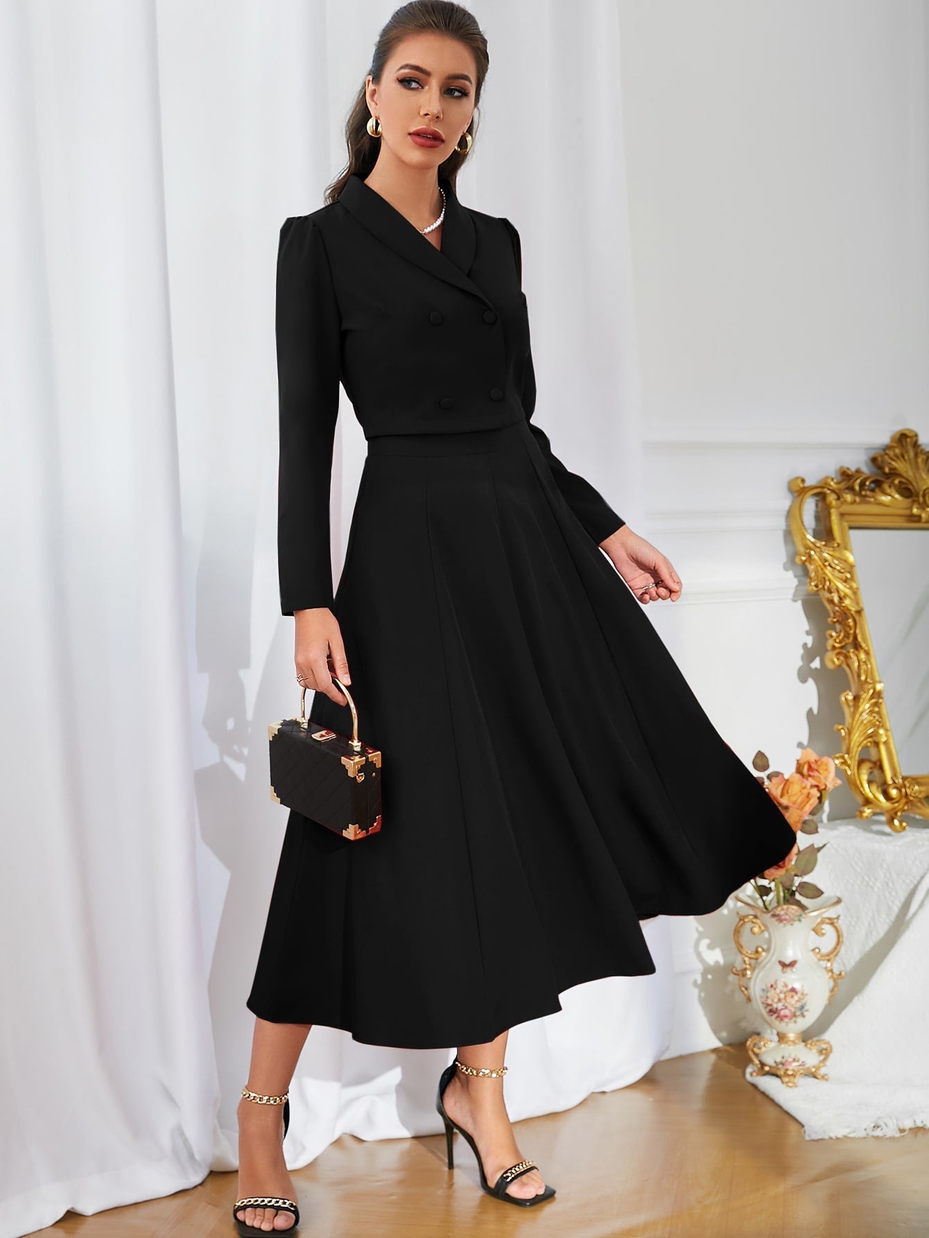 Buy SHEIN Modely Solid Double Breasted Shawl Collar Blazer & Skirt in Pakistan