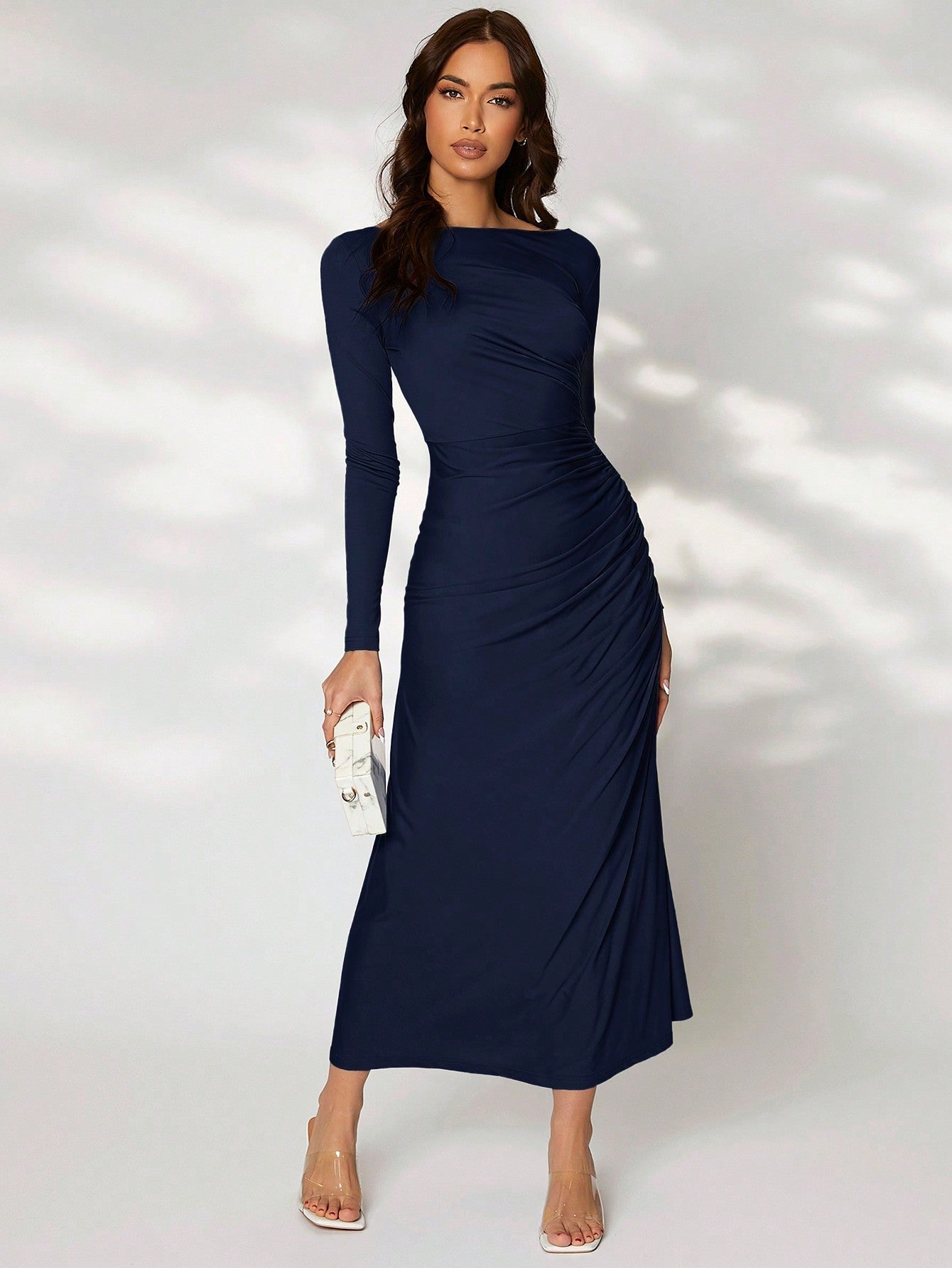 Buy SHEIN Modely Solid Ruched Side Dress in Pakistan