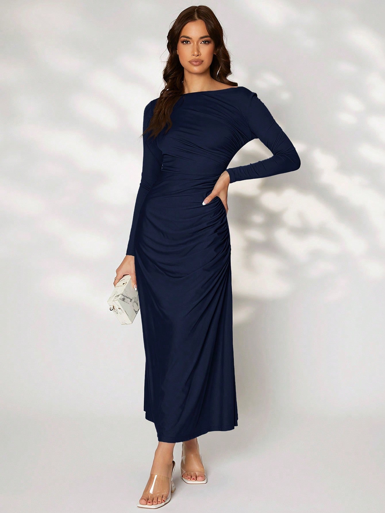 Buy SHEIN Modely Solid Ruched Side Dress in Pakistan