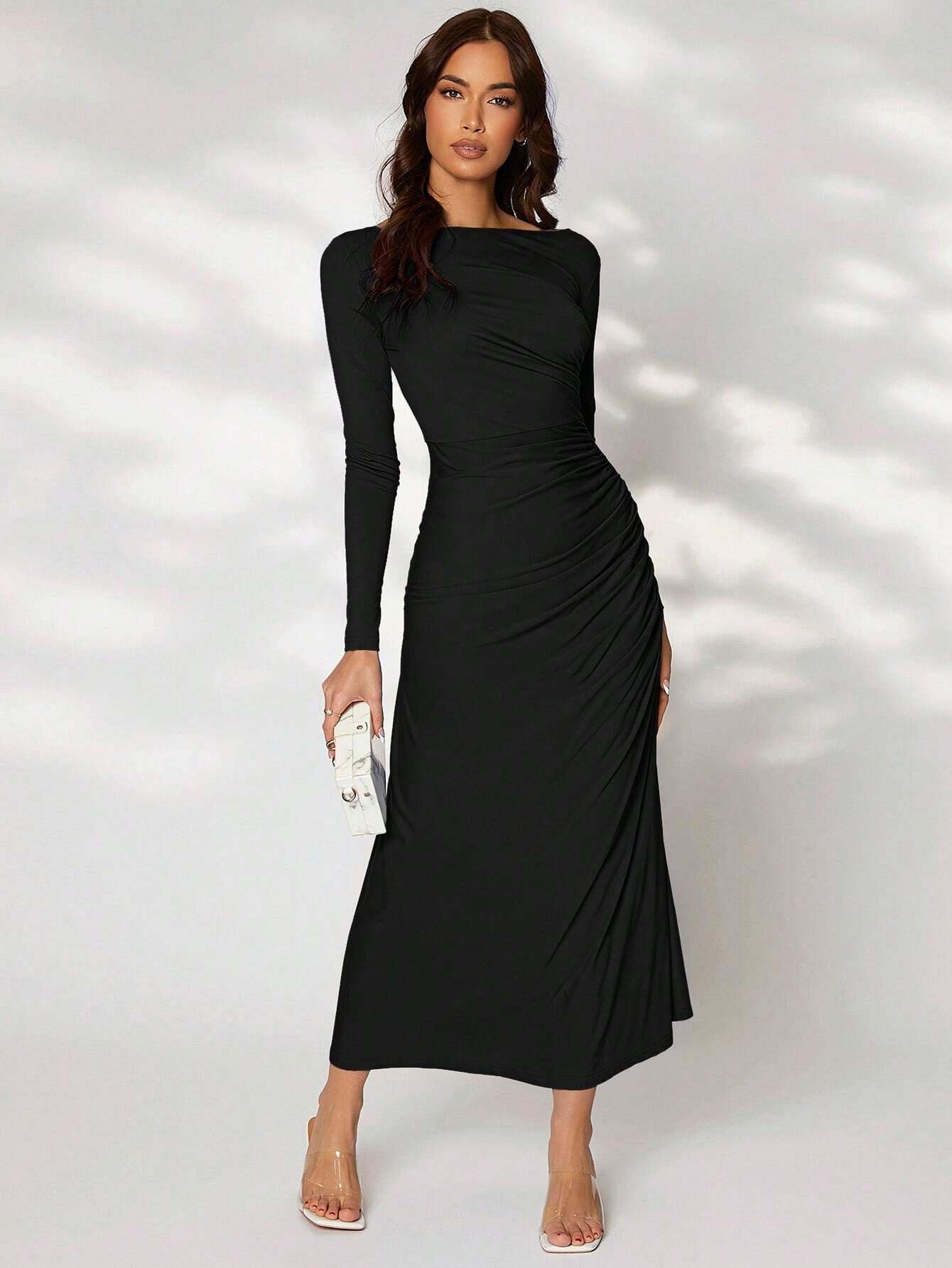 Buy SHEIN Modely Solid Ruched Side Dress in Pakistan
