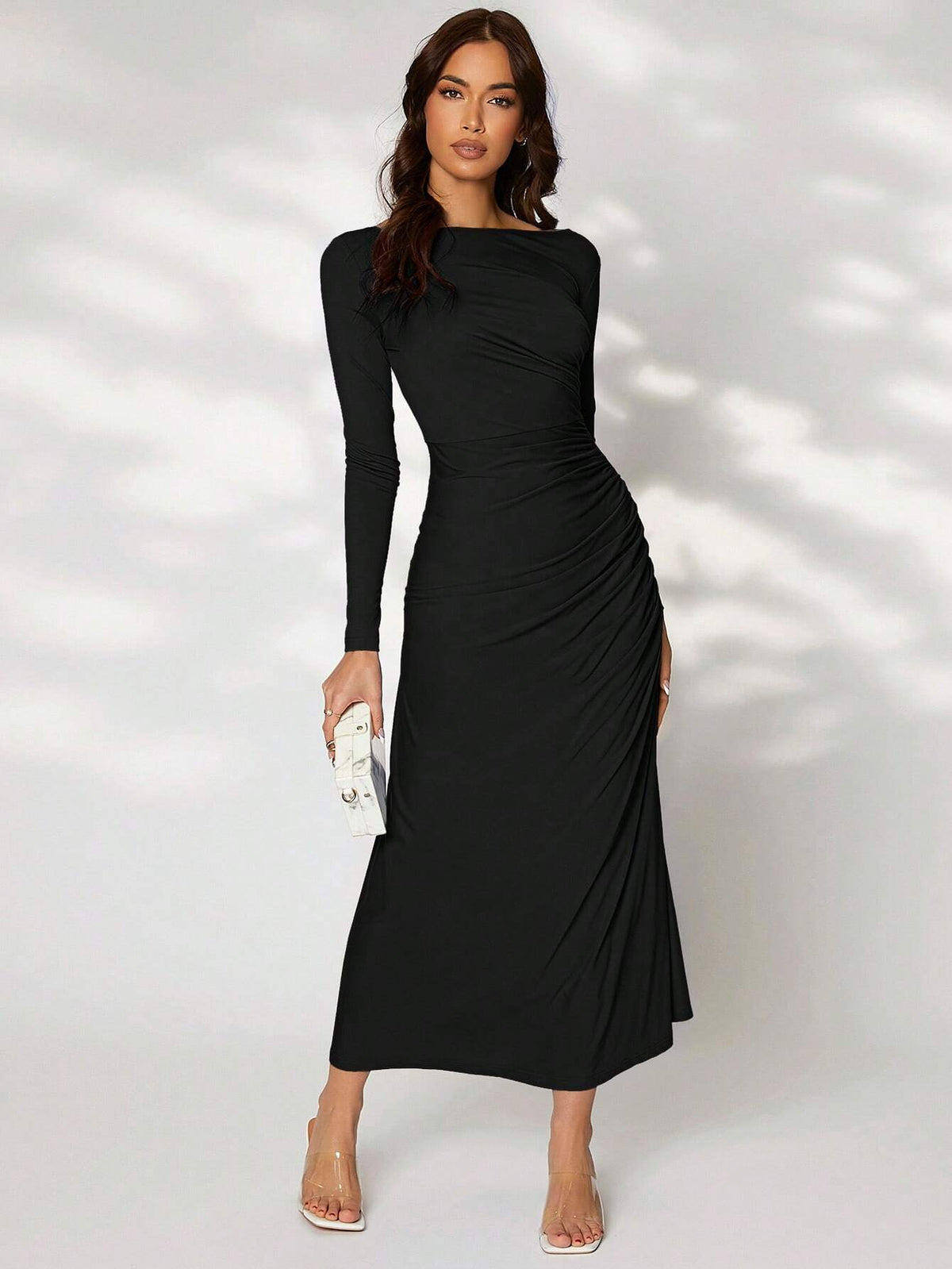 Buy SHEIN Modely Solid Ruched Side Dress in Pakistan