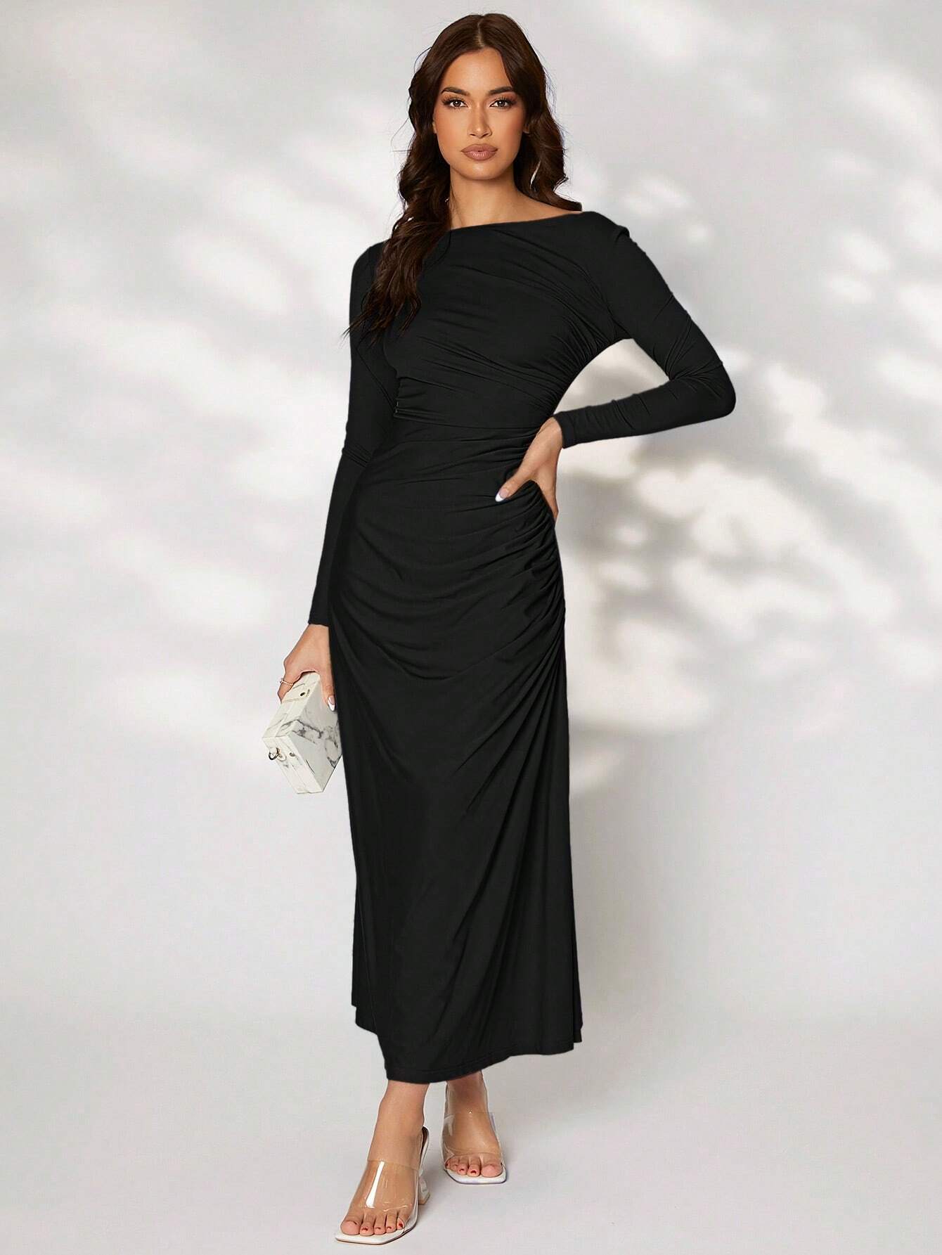 Buy SHEIN Modely Solid Ruched Side Dress in Pakistan